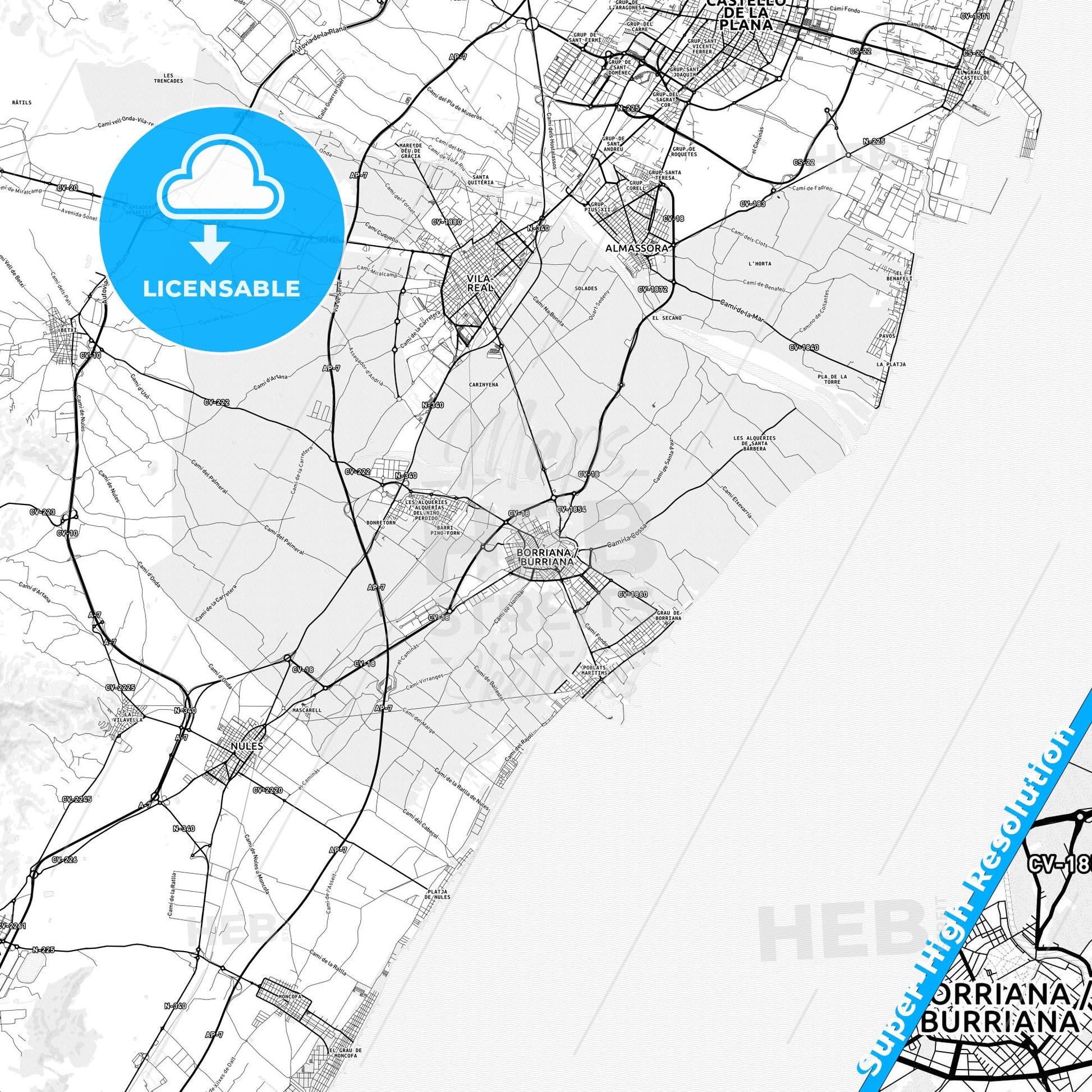 Burriana, Spain light map with streetnames, citynames and districts