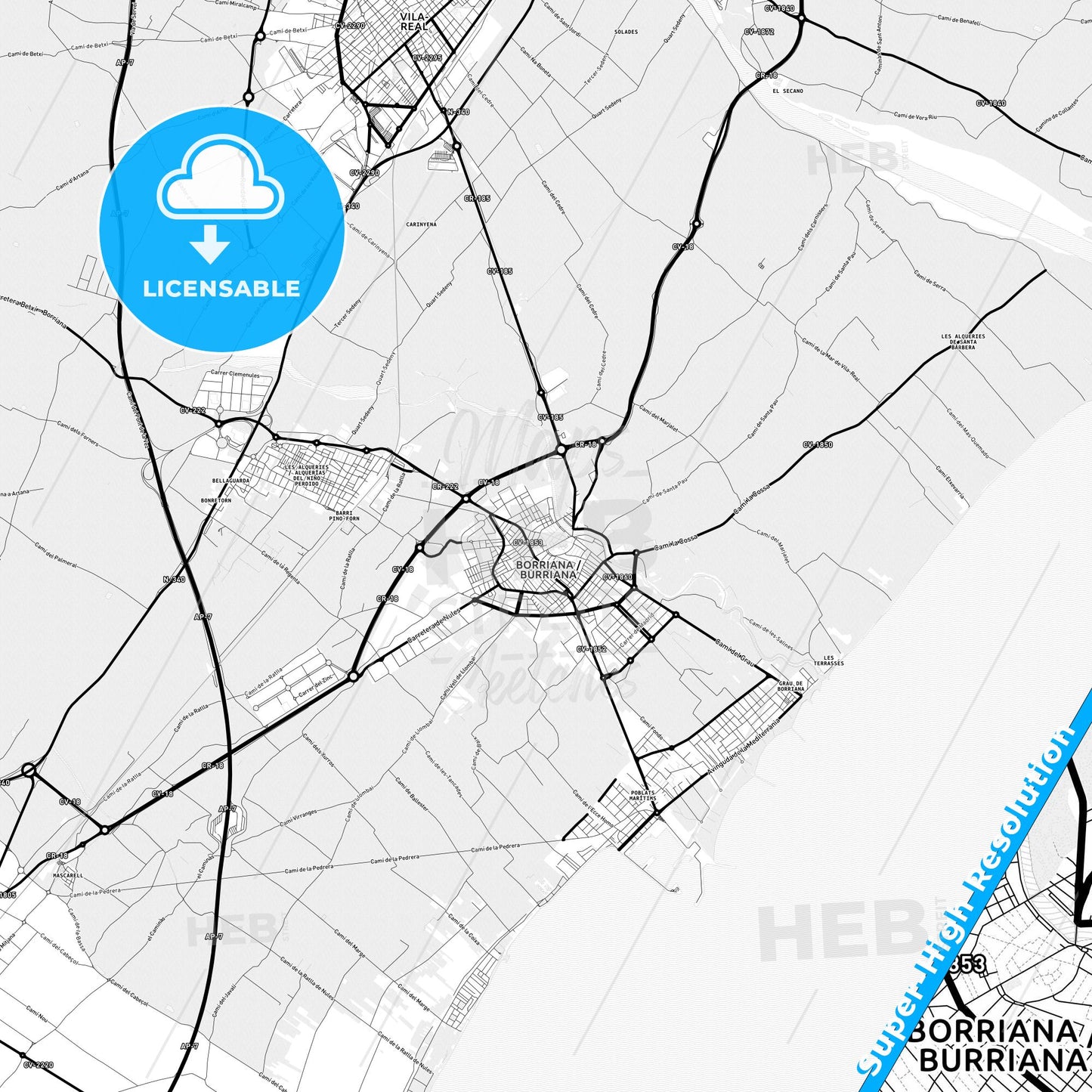 Burriana, Spain Light Map with Street Names, City Names, and Districts
