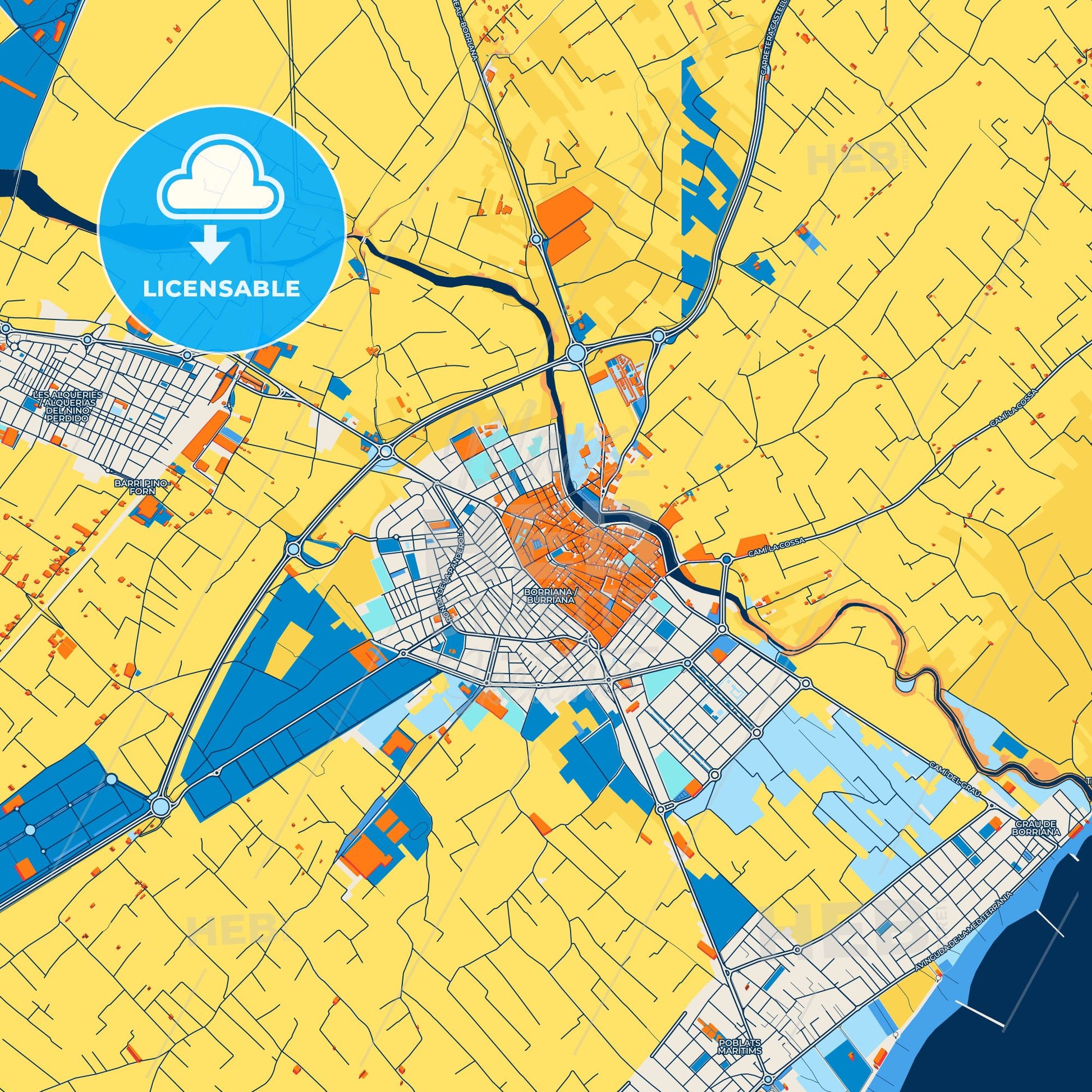 Colorful Burriana Street Map with Labels and Buildings