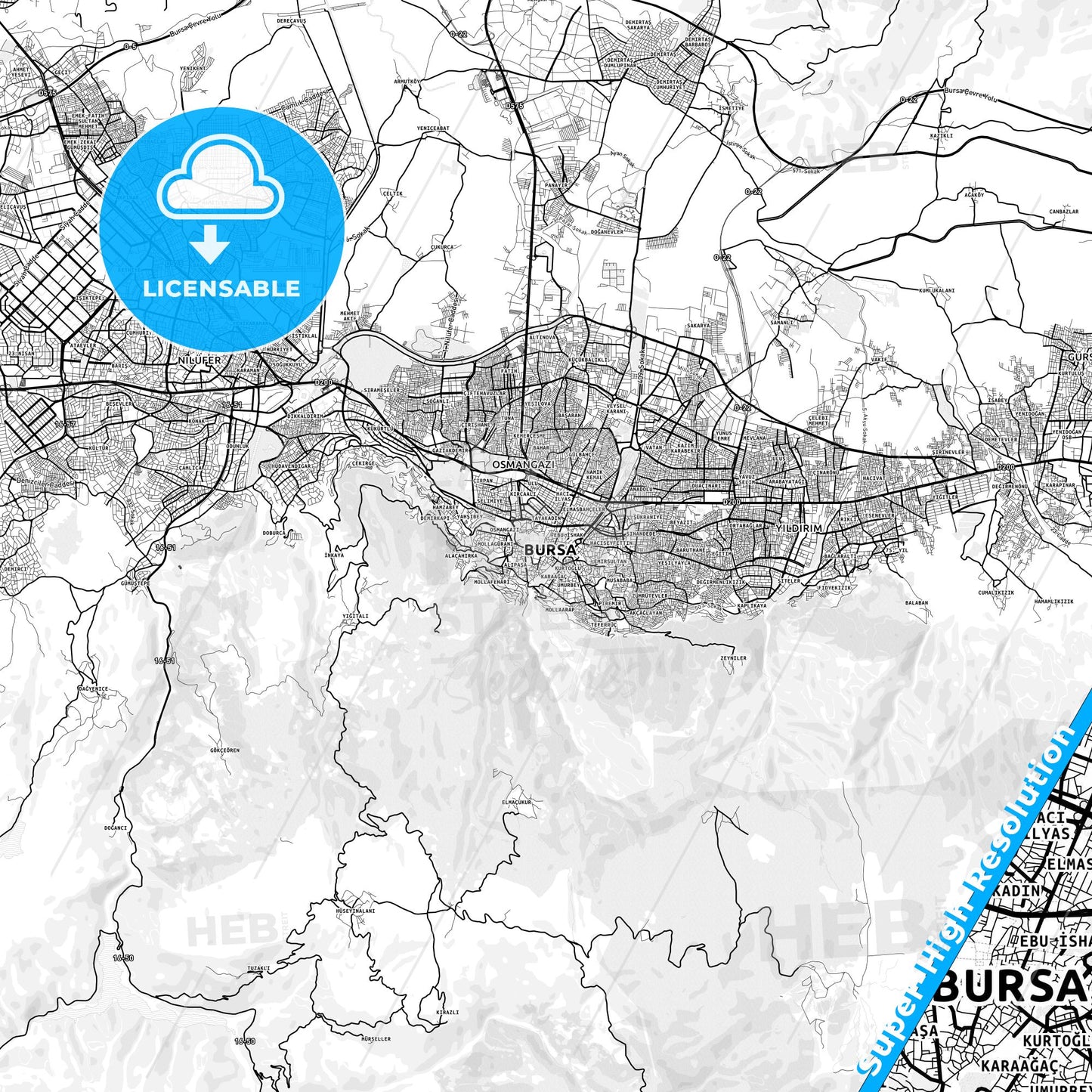 Bursa, Turkey light map with streetnames, citynames and districts