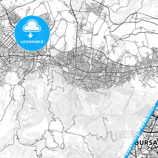 Bursa, Turkey light map with streetnames, citynames and districts
