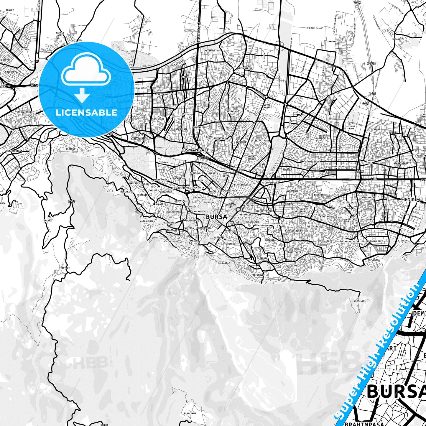Bursa, Turkey Light Map with Street Names, City Names, and Districts