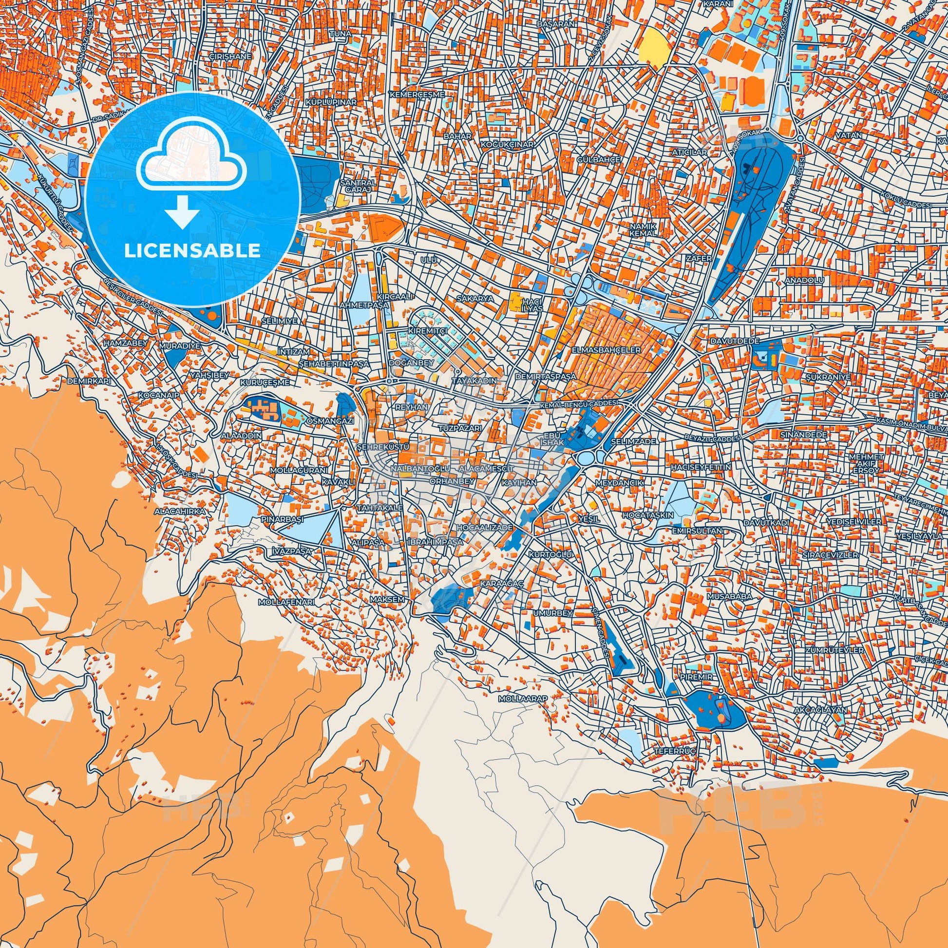 Colorful Bursa Street Map with Labels and Buildings