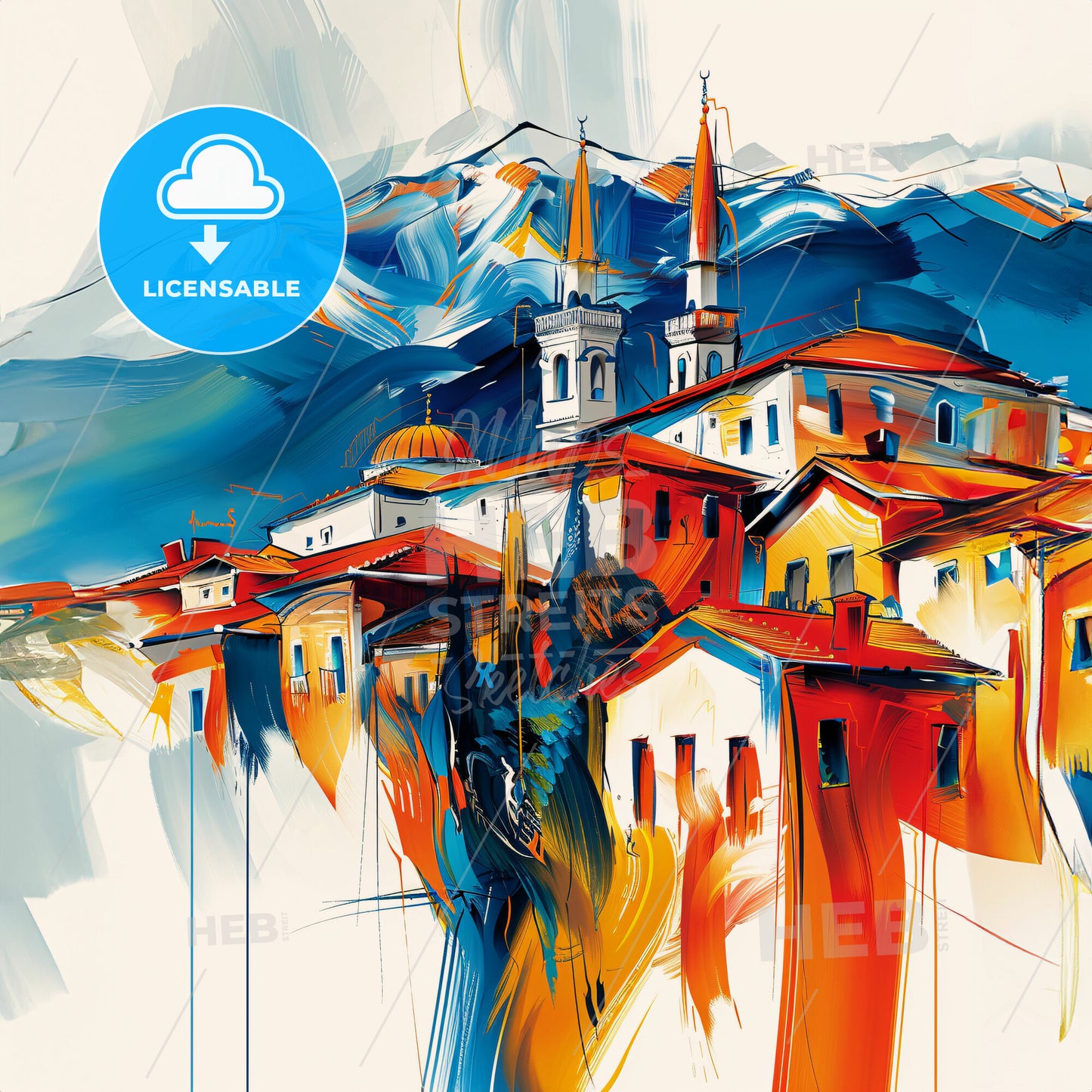 Vibrant Bursa, Turkey - A Painting Of A Town With A Mountain In The Background