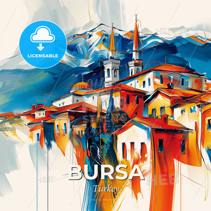 Vibrant Bursa, Turkey - A Painting Of A Town With A Mountain In The Background - Square format print template
