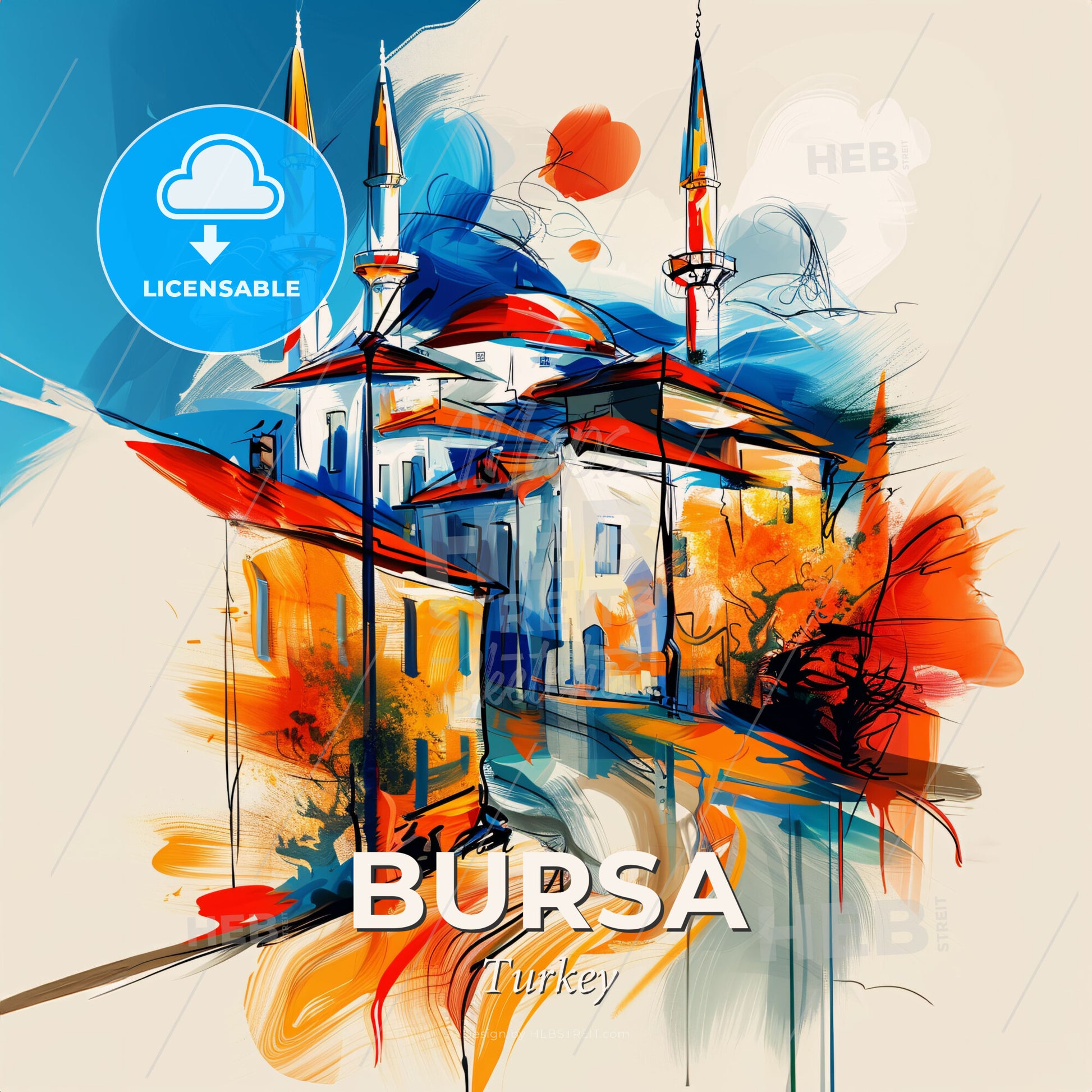 Vibrant Bursa, Turkey - A Painting Of A Building With Towers - Square format print template