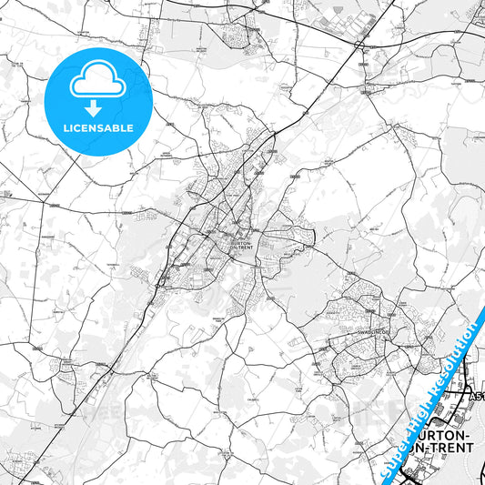 Burton-upon-Trent, England light map with streetnames, citynames and districts