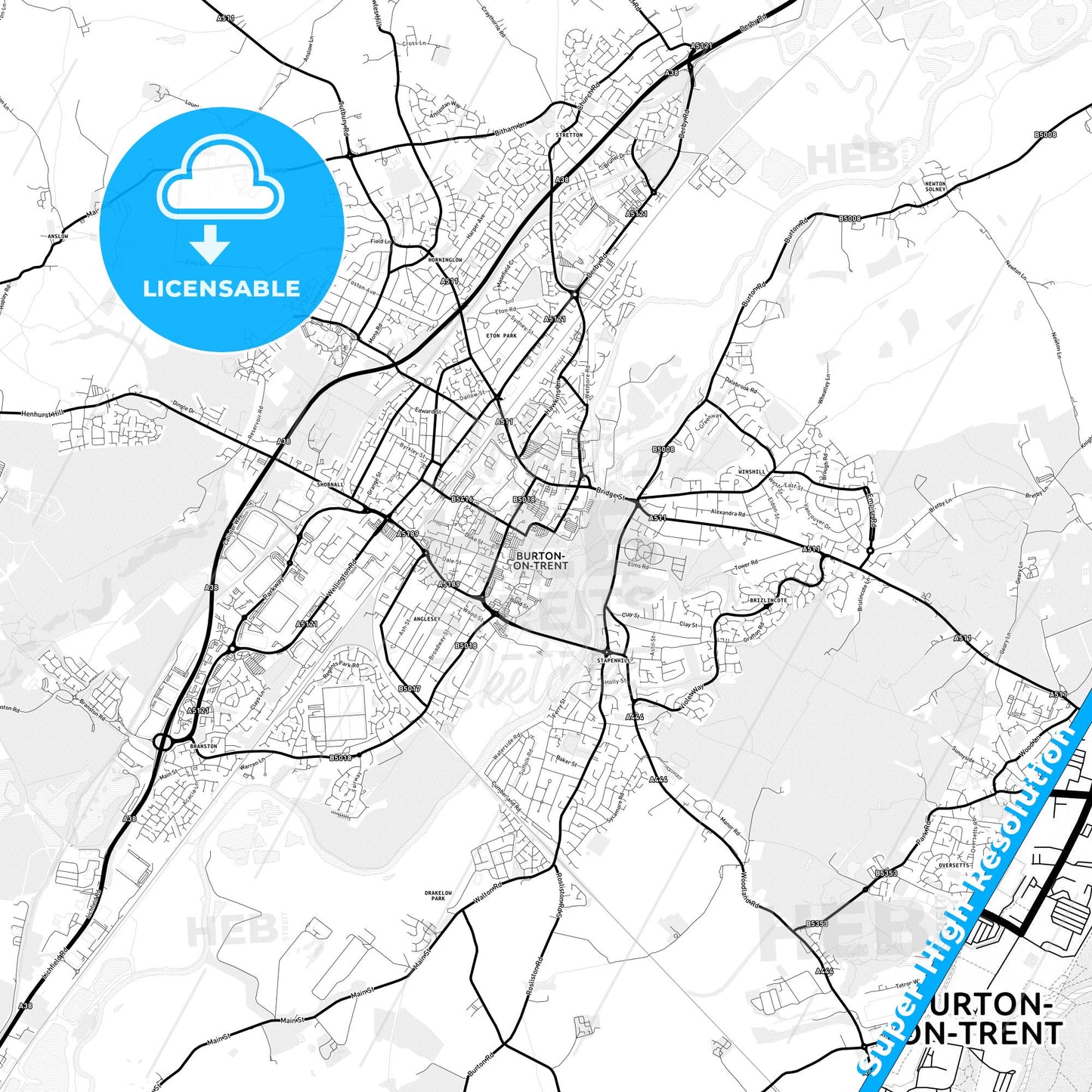 Burton-upon-Trent, England Light Map with Street Names, City Names, and Districts