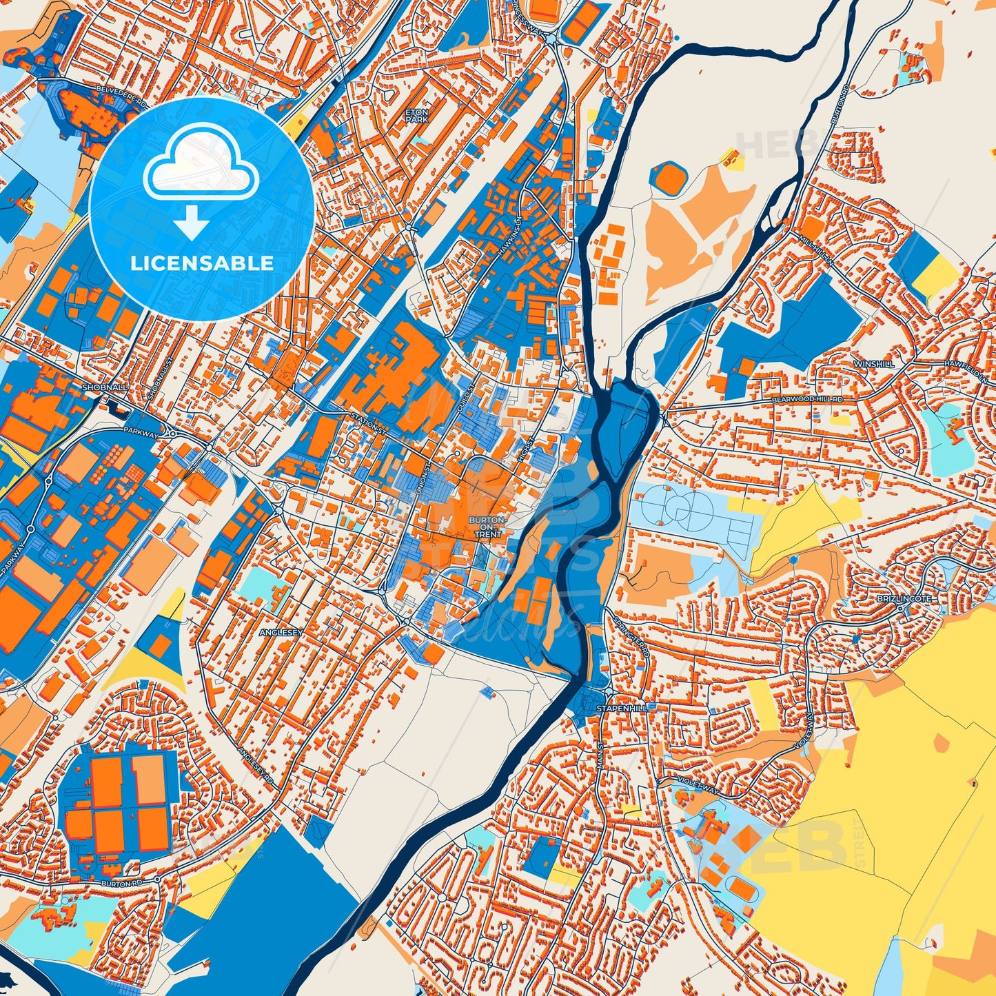 Colorful Burton-upon-Trent Street Map with Labels and Buildings