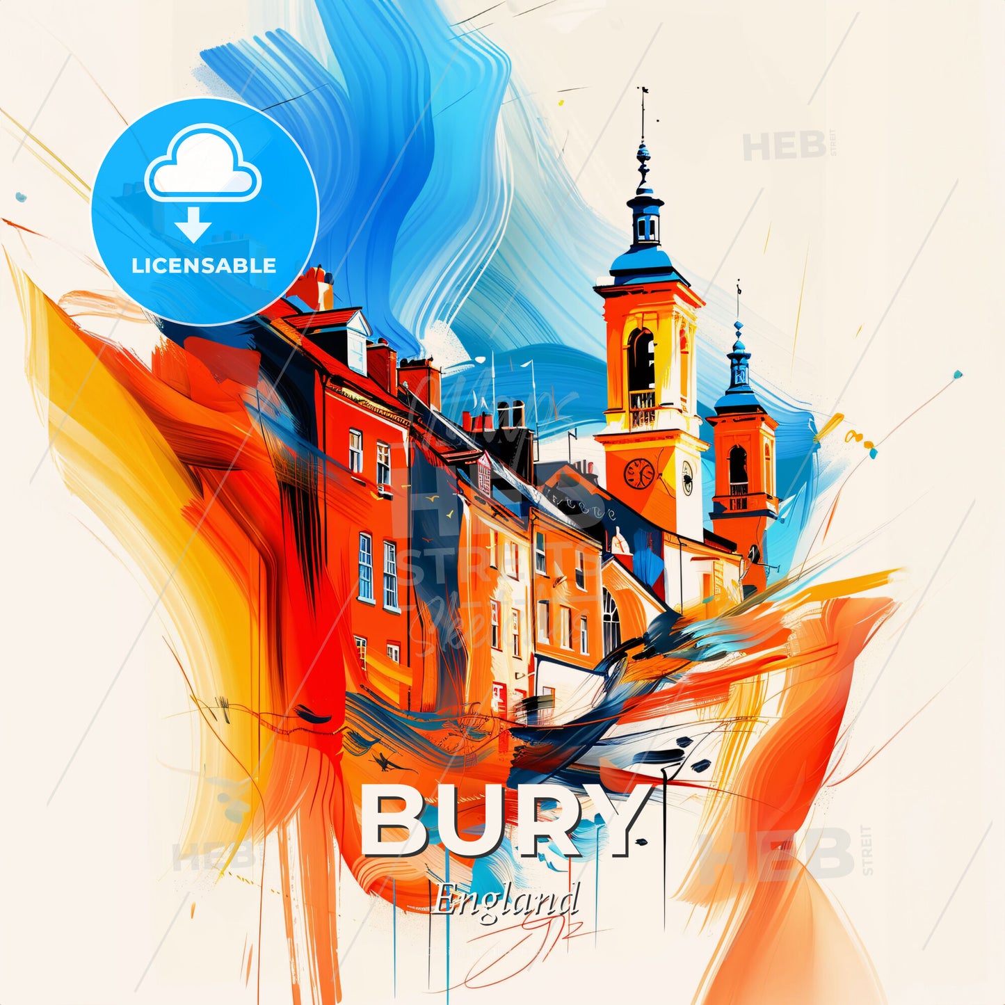 Vibrant Bury, England - A Painting Of A Building With A Clock Tower - Square format print template