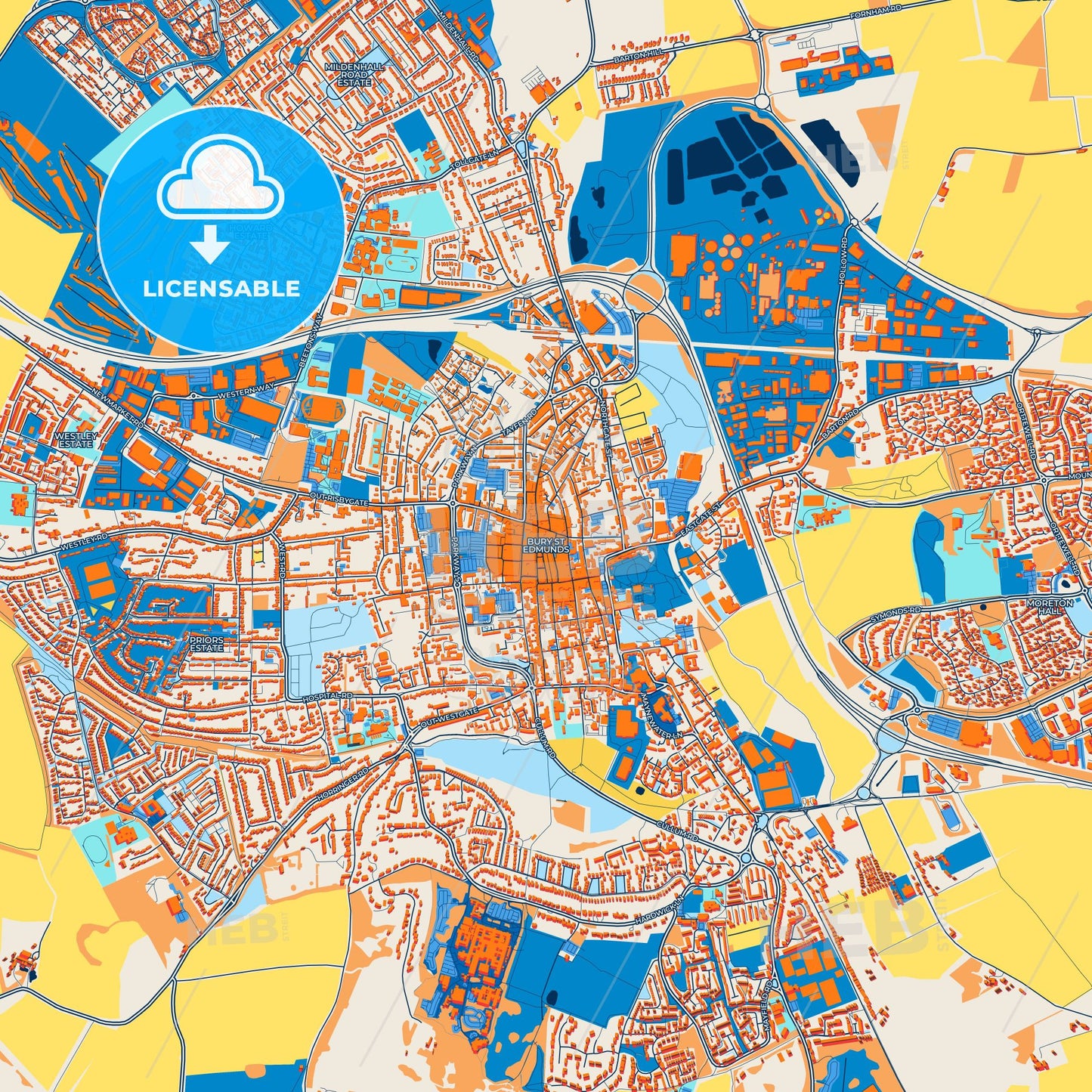 Colorful Bury Street Map with Labels and Buildings