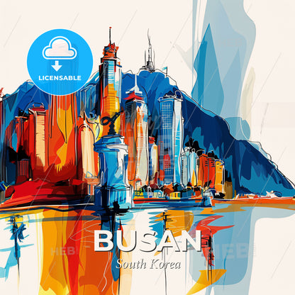 Vibrant Busan, South Korea - A Colorful Cityscape With A Mountain In The Background - Square format print template