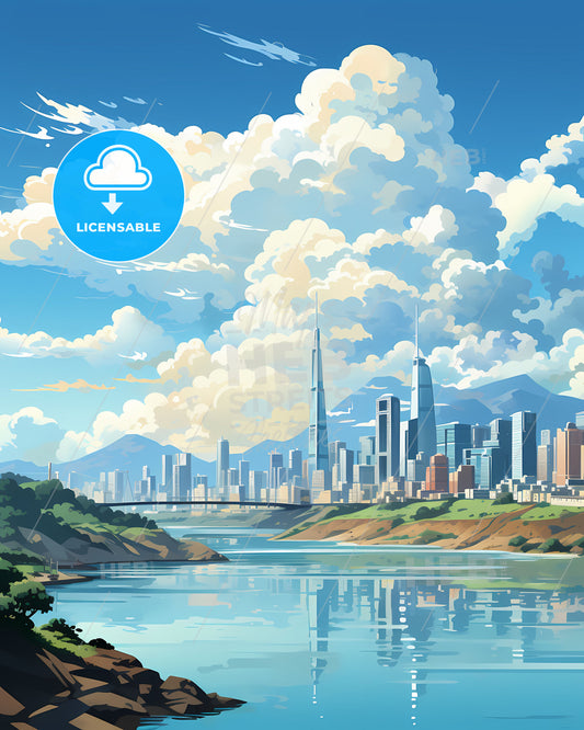 Busan South Korea Cityscape Painting: Vibrant Skyline, River, Clouds