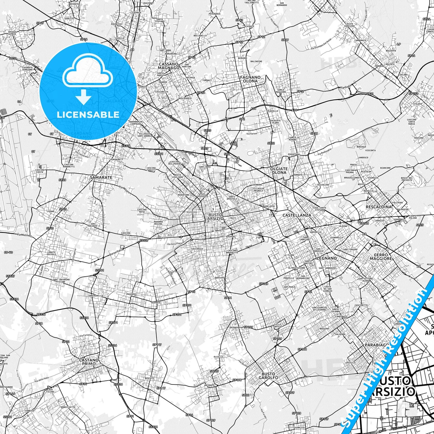 Busto Arsizio, Italy light map with streetnames, citynames and districts
