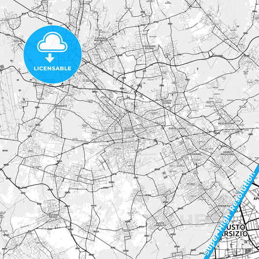 Busto Arsizio, Italy light map with streetnames, citynames and districts