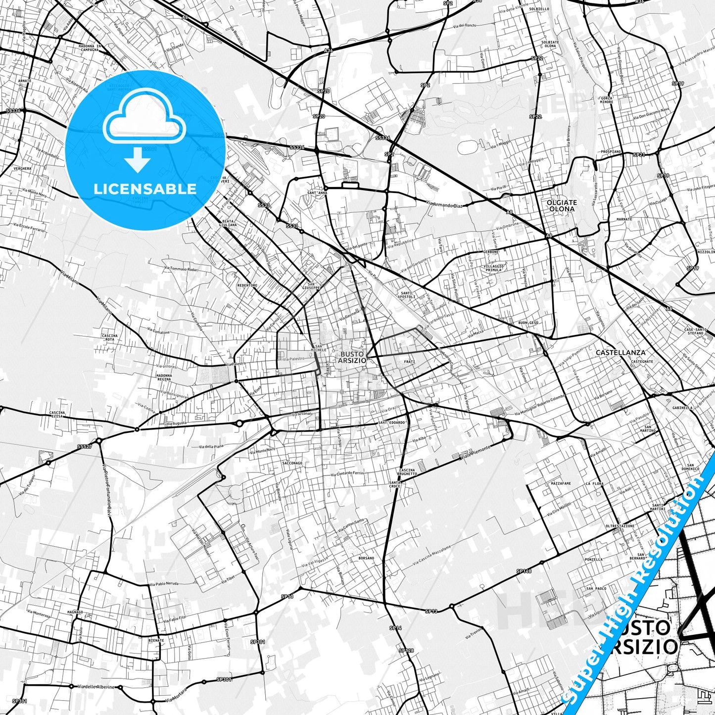 Busto Arsizio, Italy Light Map with Street Names, City Names, and Districts