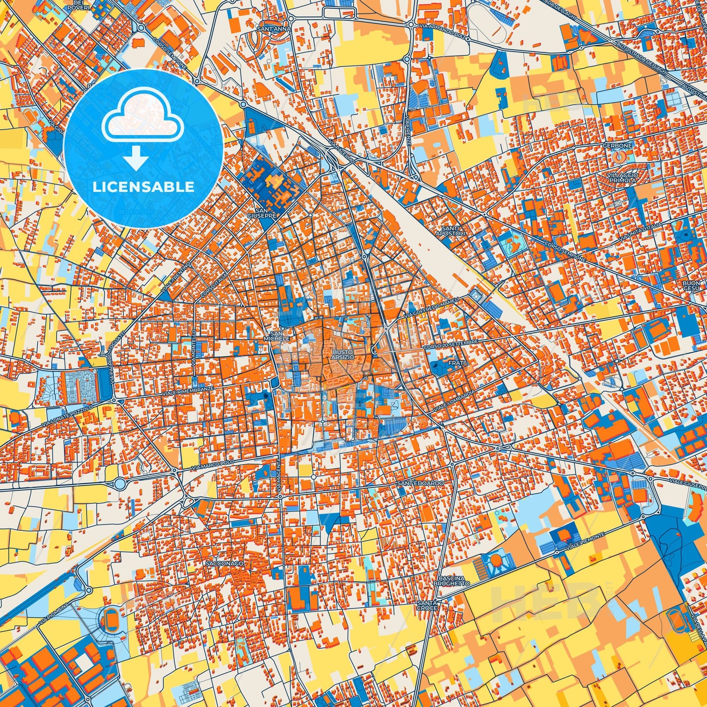 Colorful Busto Arsizio Street Map with Labels and Buildings