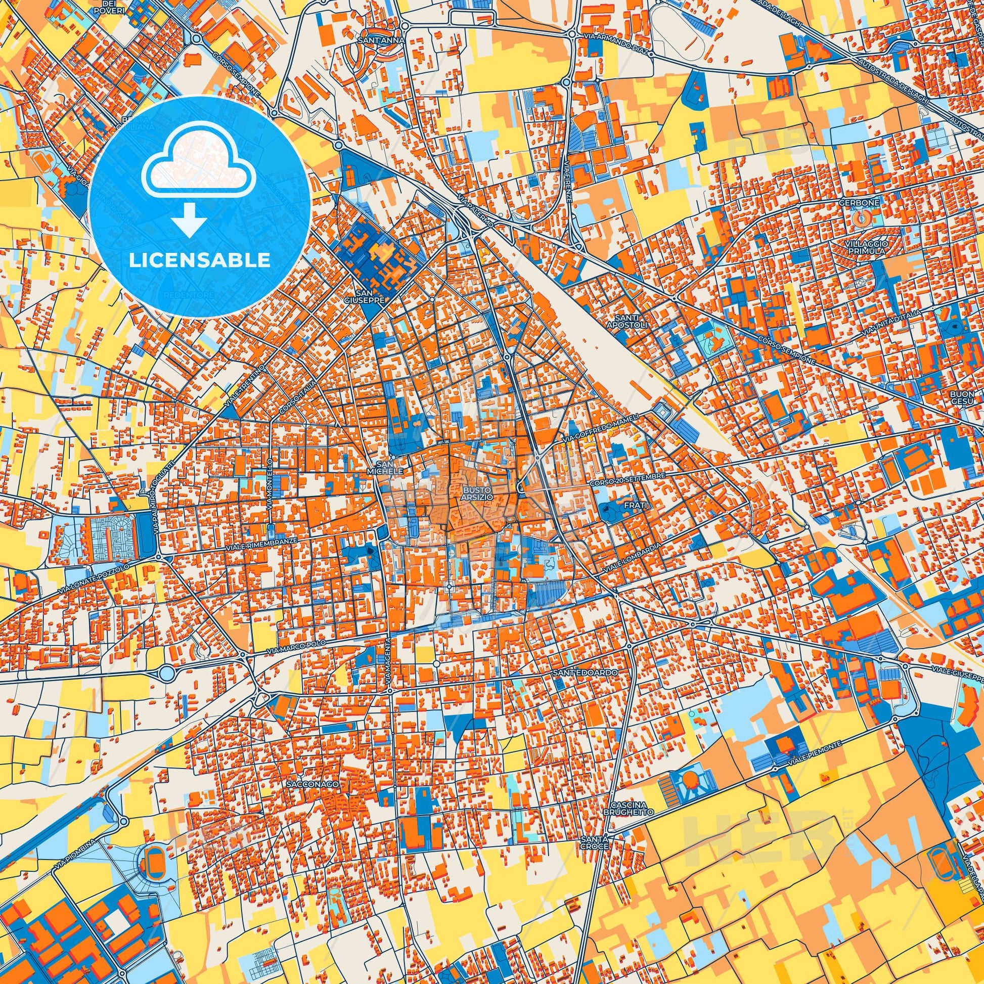 Colorful Busto Arsizio Street Map with Labels and Buildings