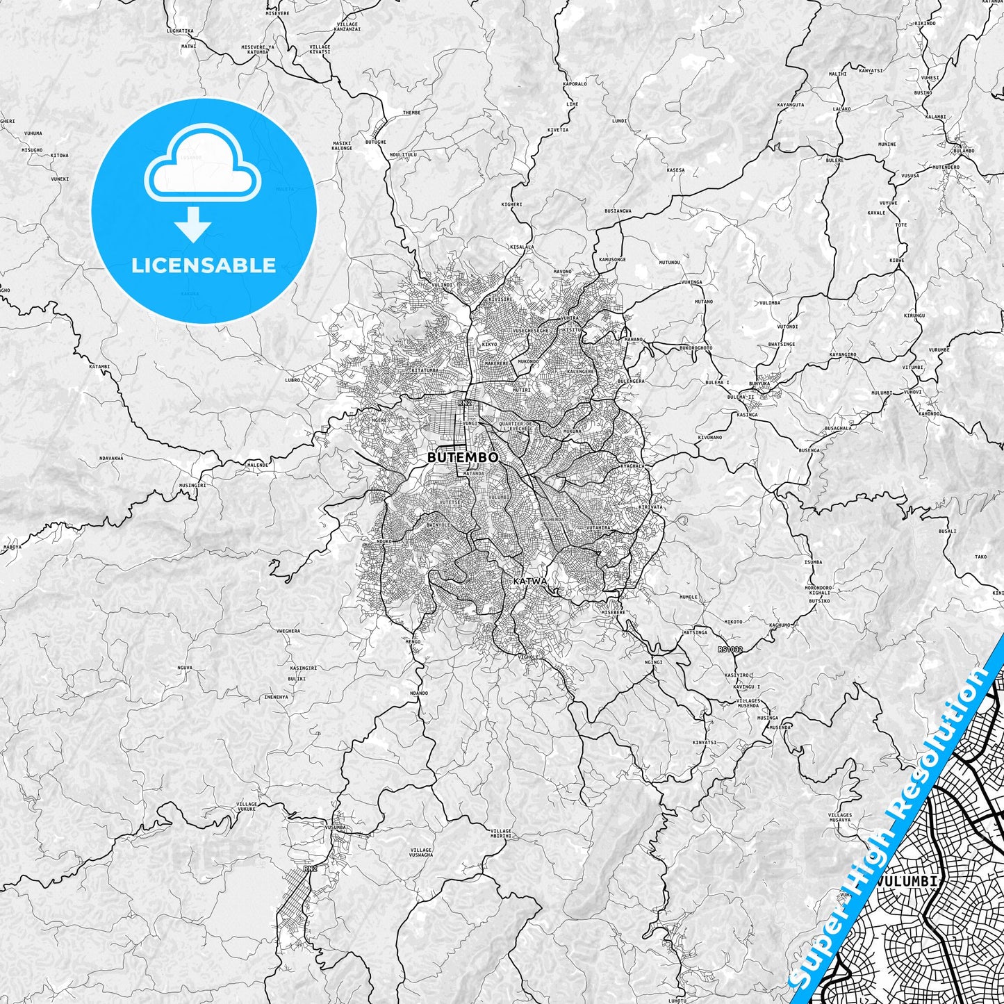 Butembo, DR Congo light map with streetnames, citynames and districts