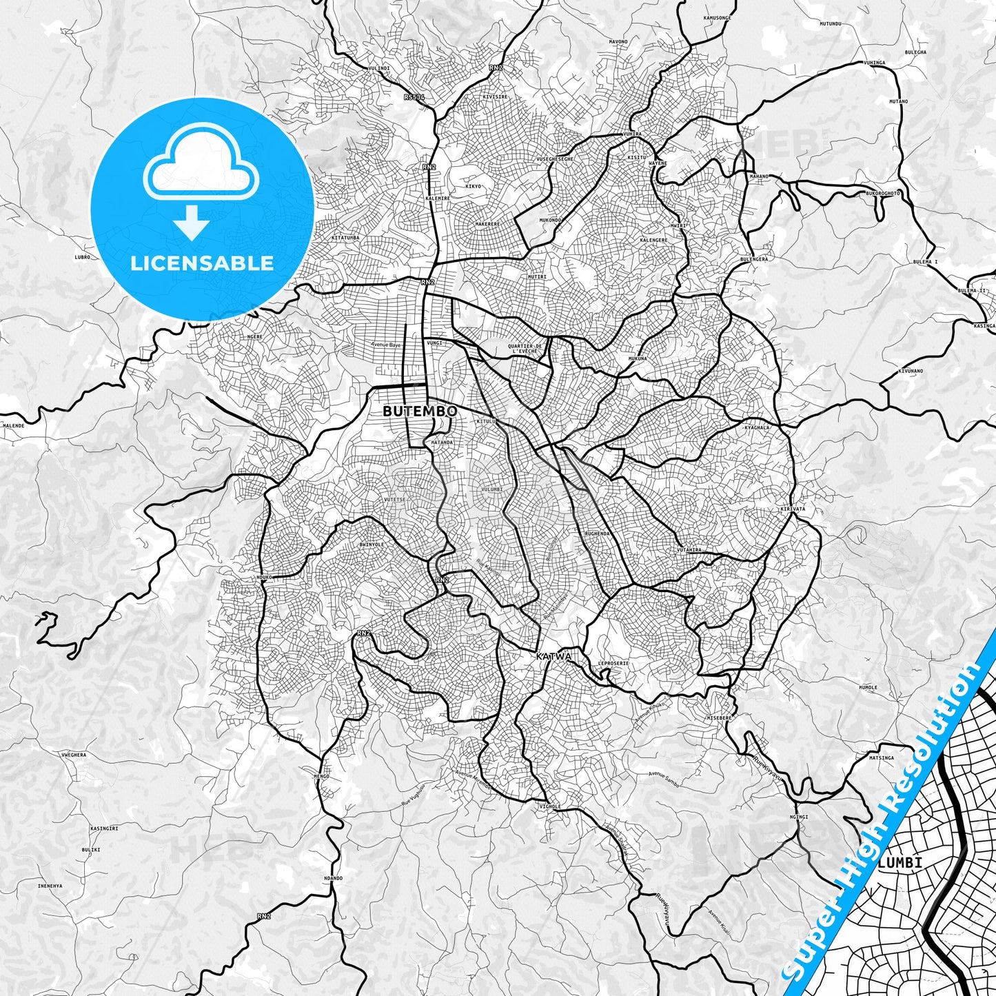 Butembo, DR Congo Light Map with Street Names, City Names, and Districts