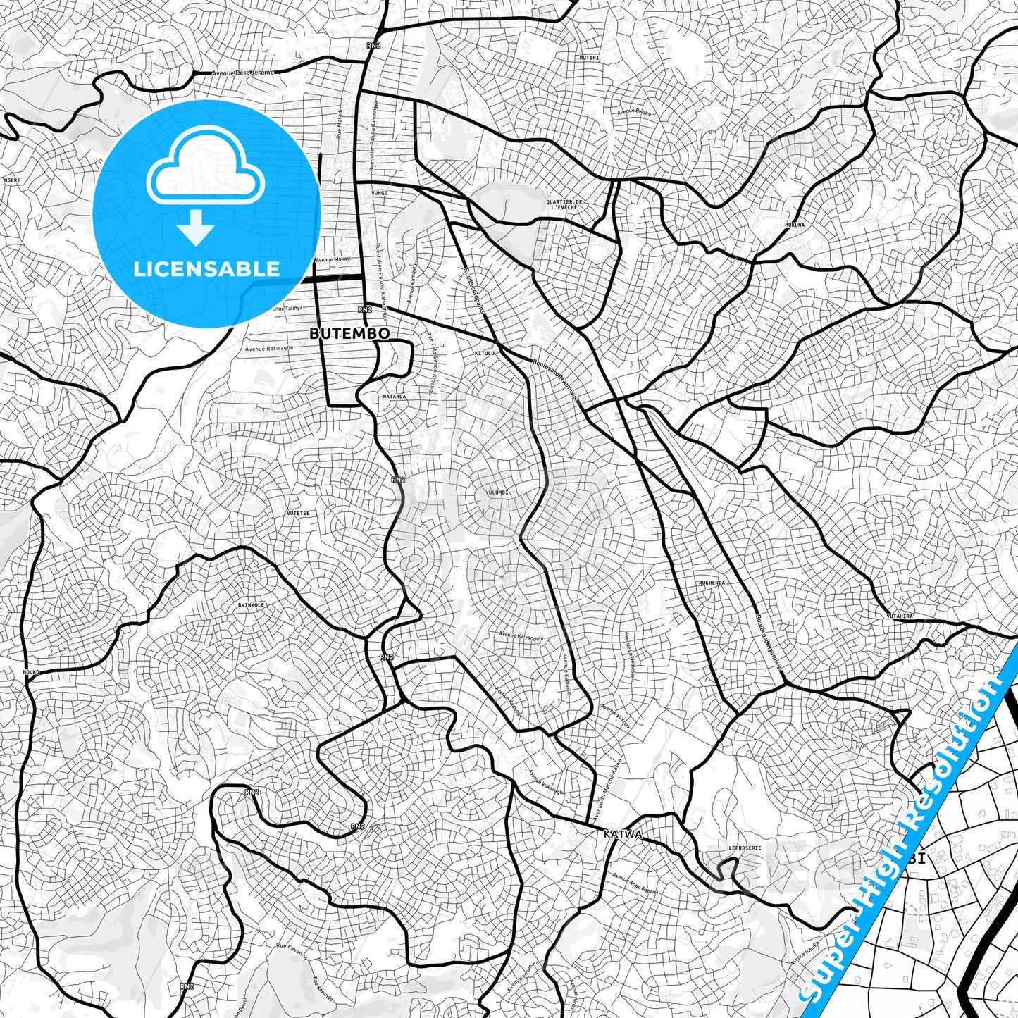 Butembo, DR Congo Light Map with Street Names, City Names, and Districts