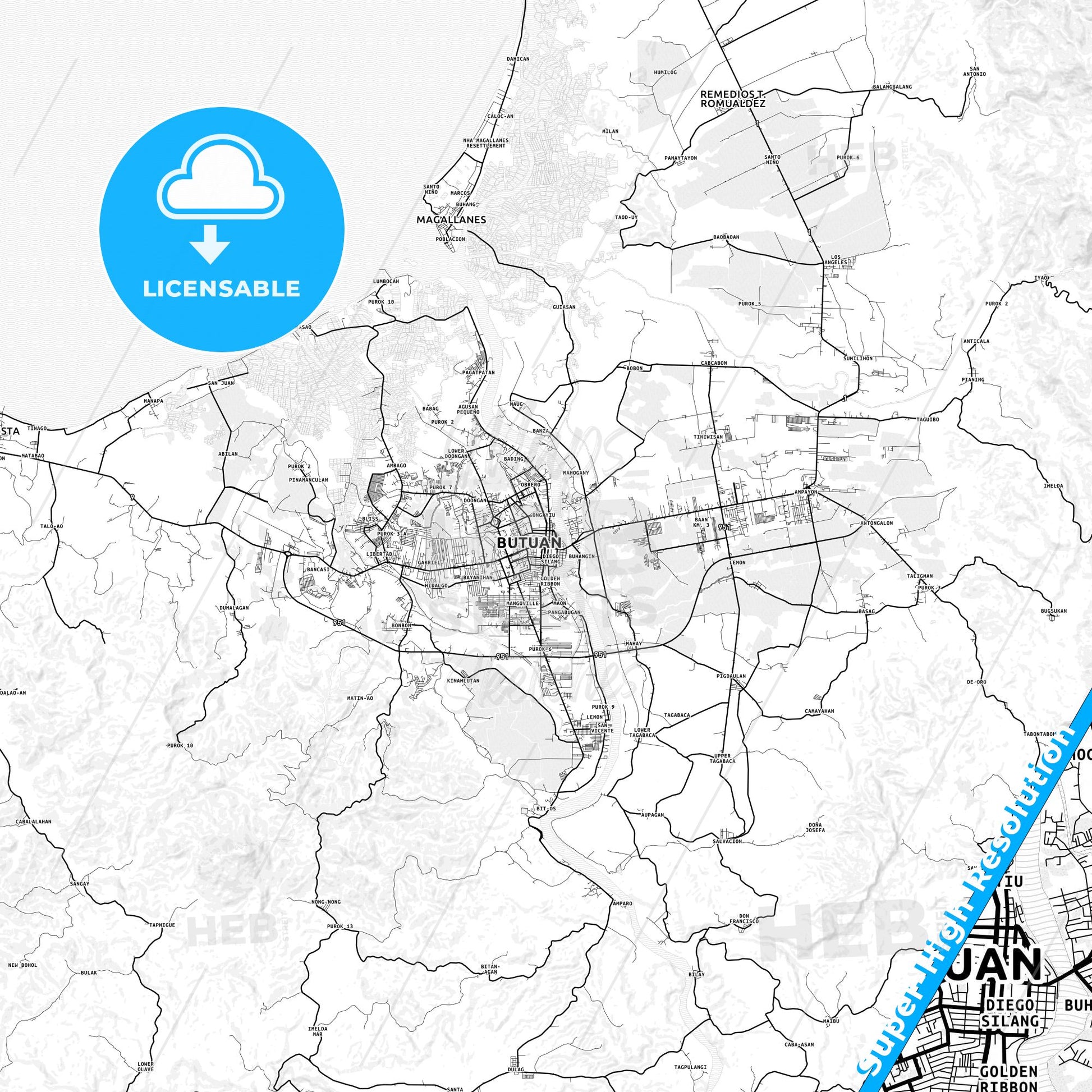 Butuan, Philippines light map with streetnames, citynames and districts