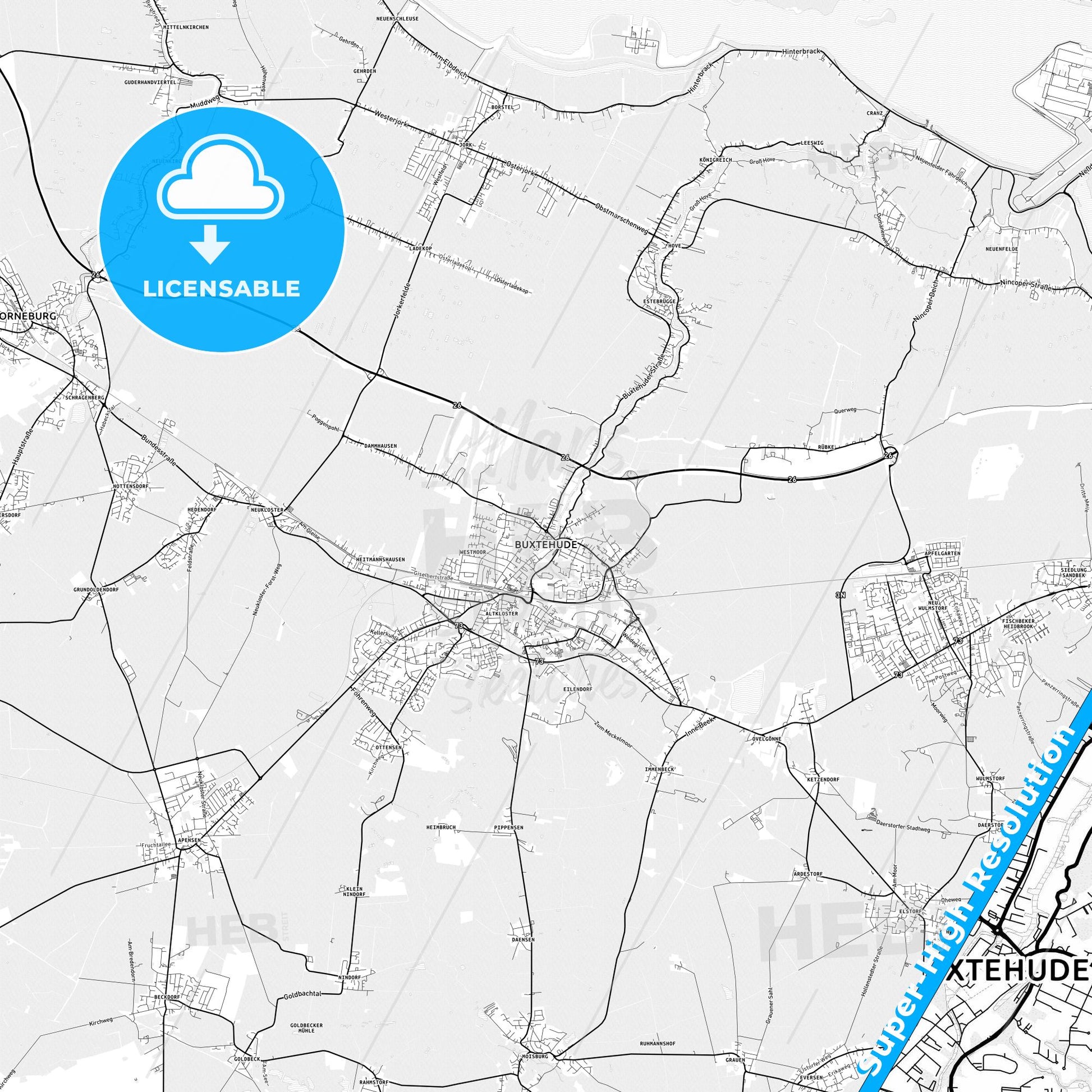 Buxtehude, Germany light map with streetnames, citynames and districts