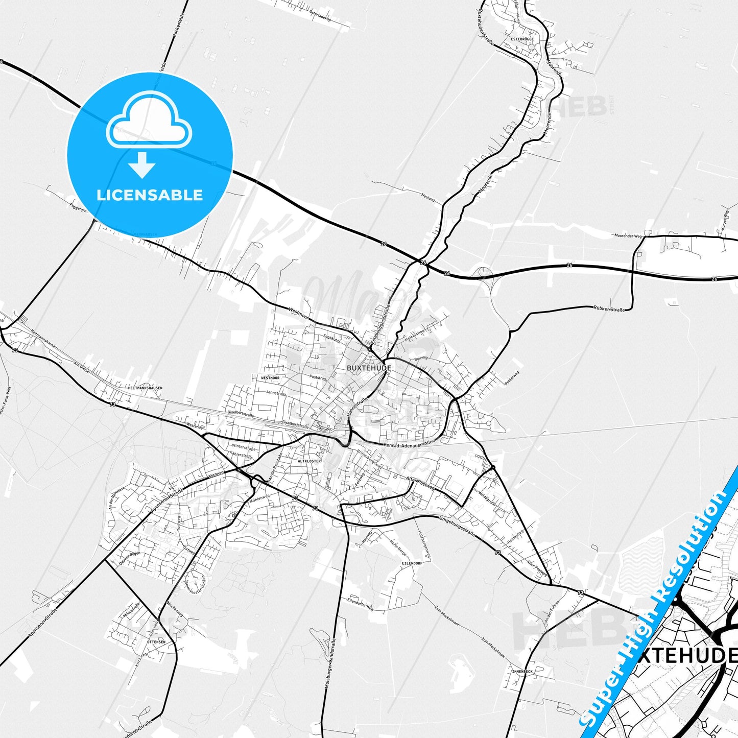 Buxtehude, Germany Light Map with Street Names, City Names, and Districts