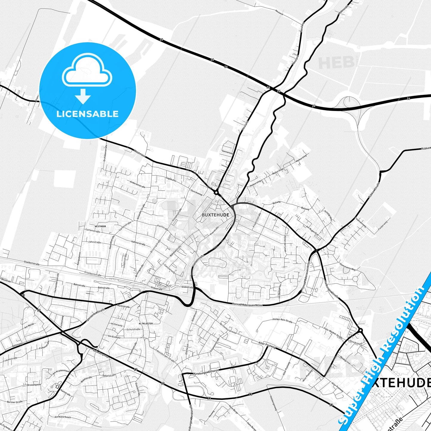 Buxtehude, Germany Light Map with Street Names, City Names, and Districts