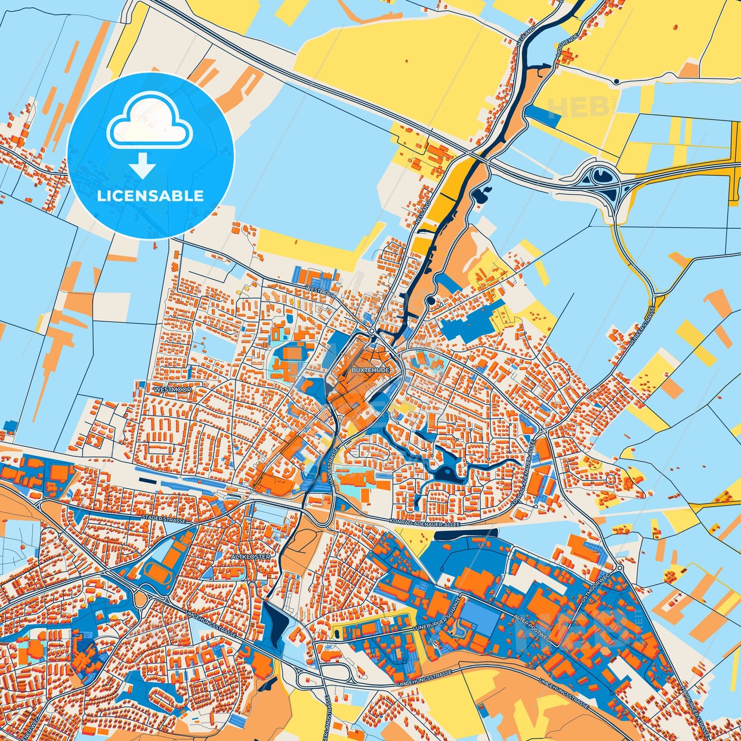 Colorful Buxtehude Street Map with Labels and Buildings