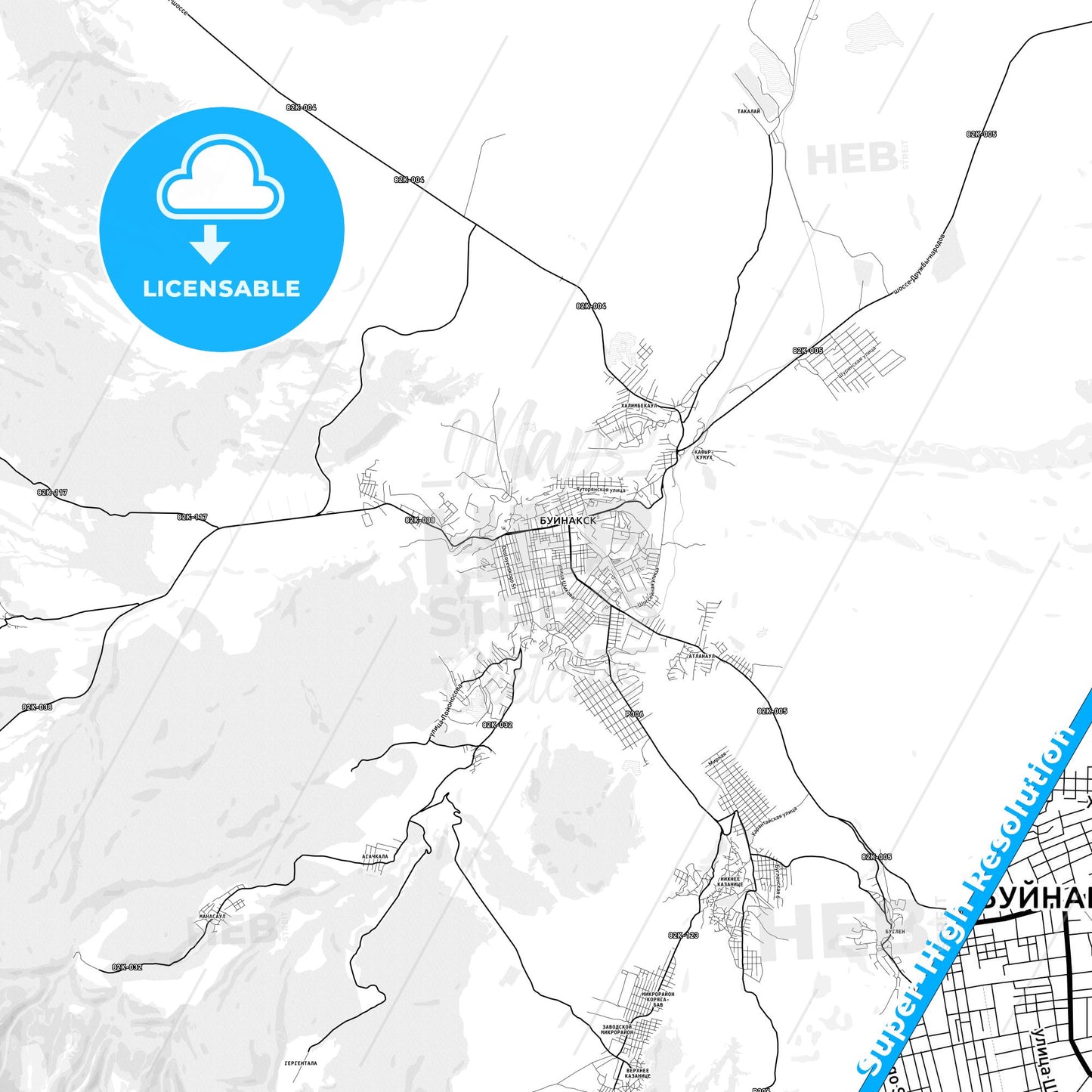 Buynaksk, Russia light map with streetnames, citynames and districts