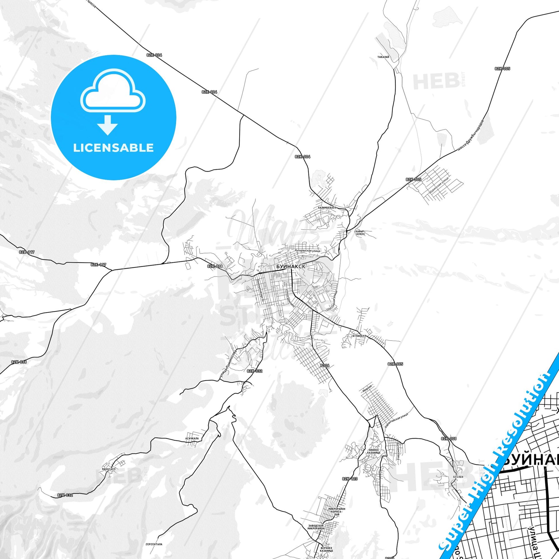 Buynaksk, Russia light map with streetnames, citynames and districts