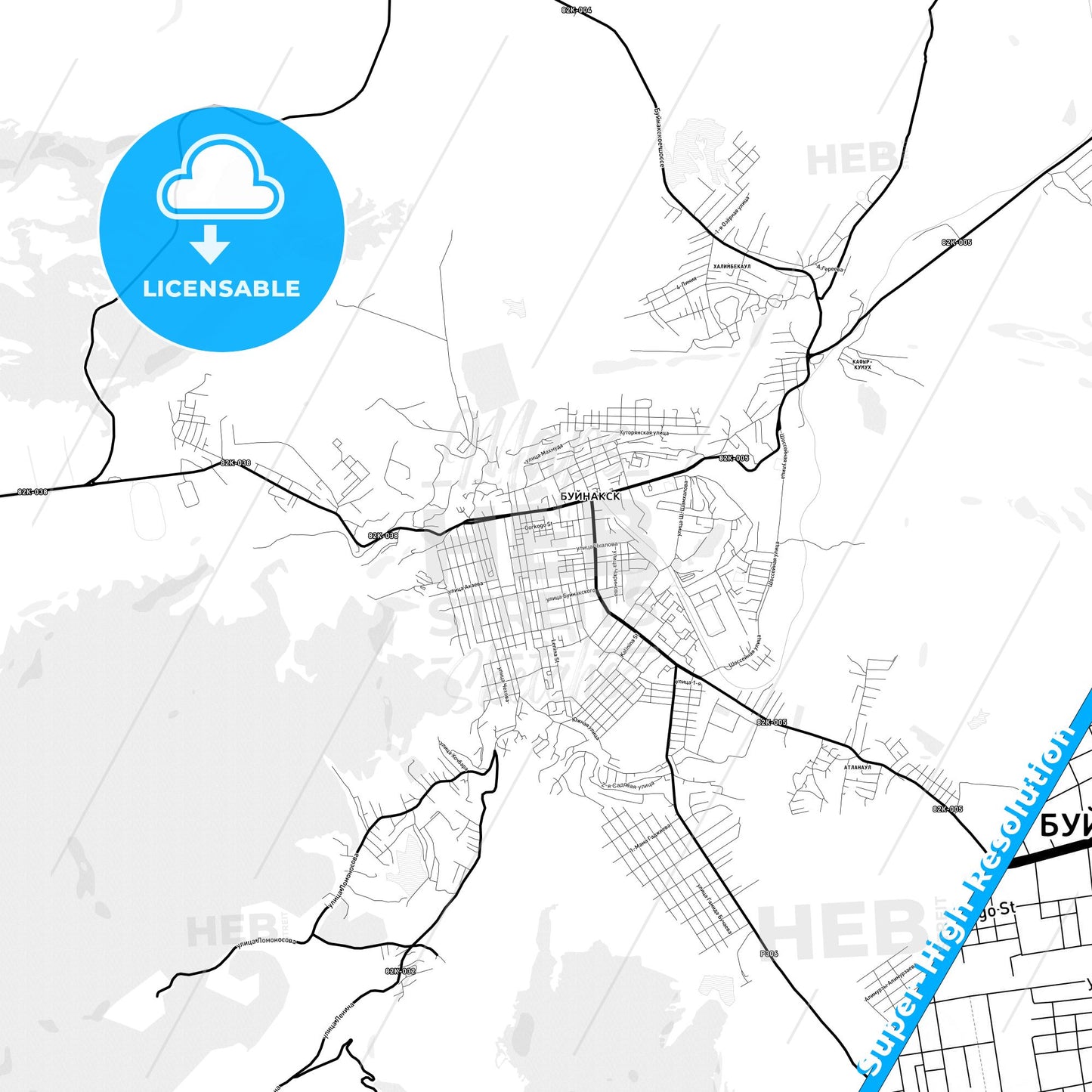 Buynaksk, Russia Light Map with Street Names, City Names, and Districts