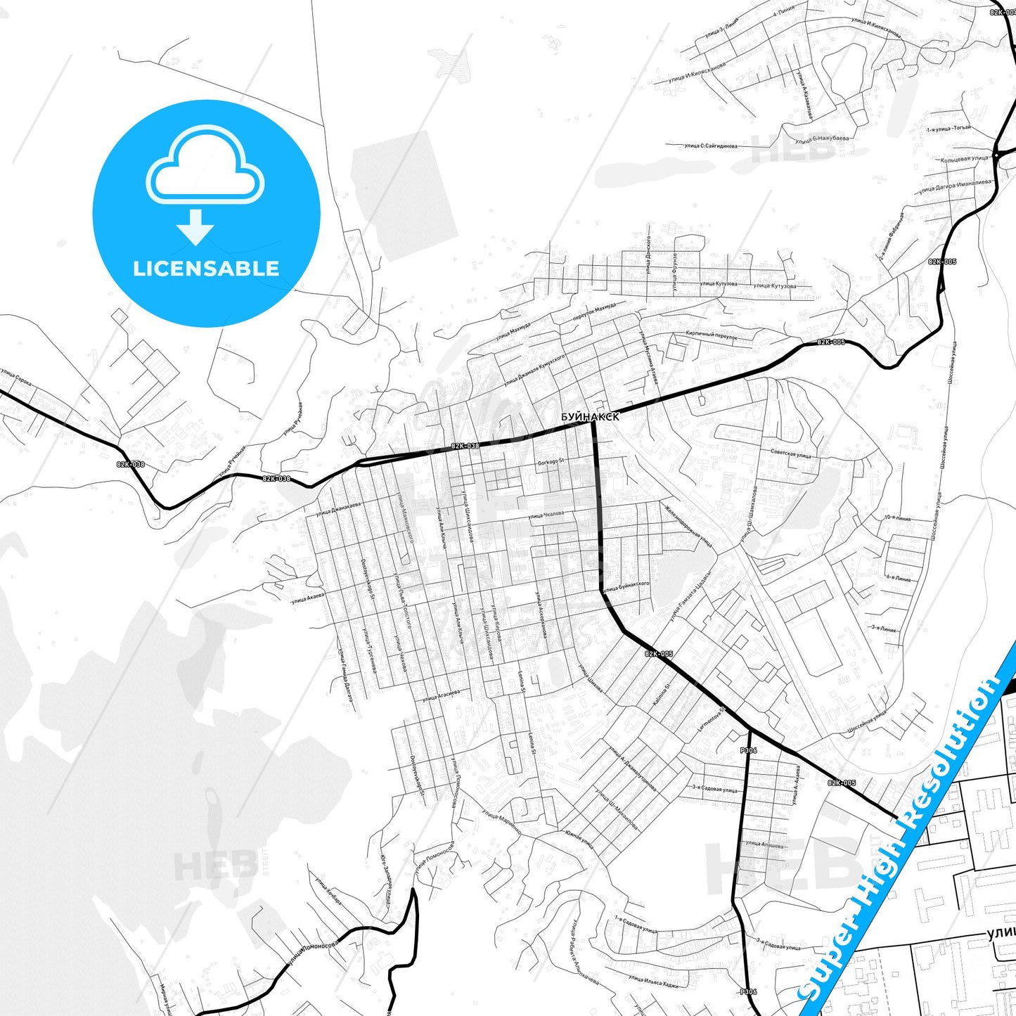 Buynaksk, Russia Light Map with Street Names, City Names, and Districts