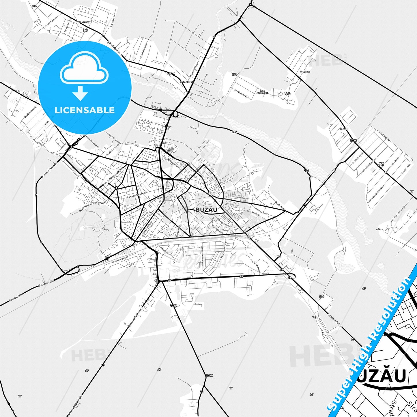 Buzău, Romania Light Map with Street Names, City Names, and Districts