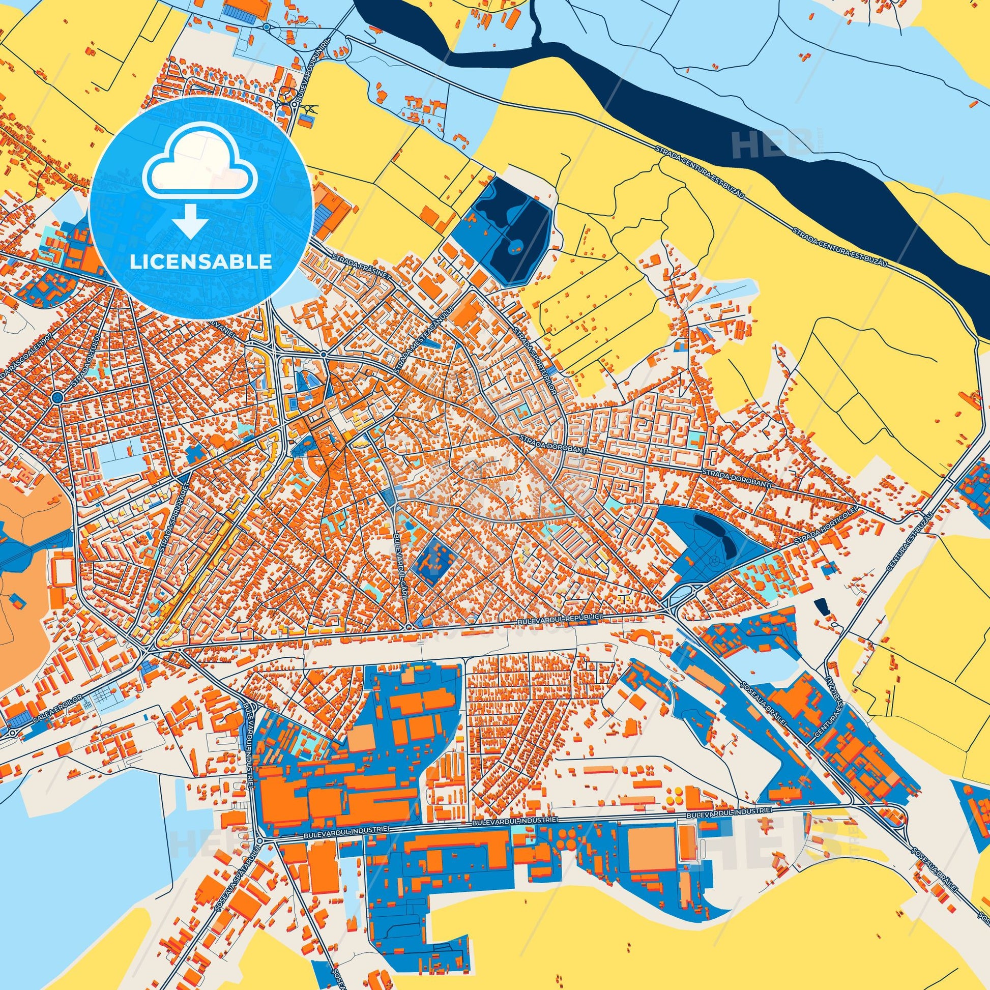 Colorful Buzău Street Map with Labels and Buildings