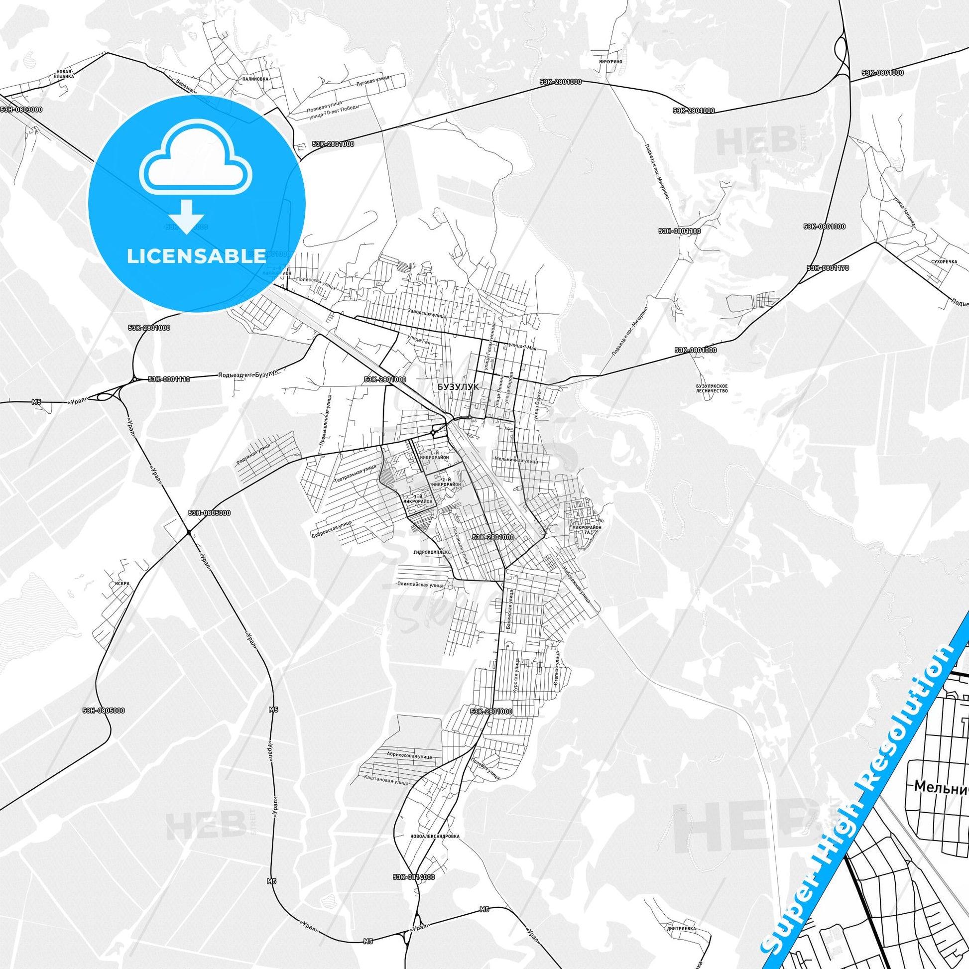 Buzuluk, Russia light map with streetnames, citynames and districts