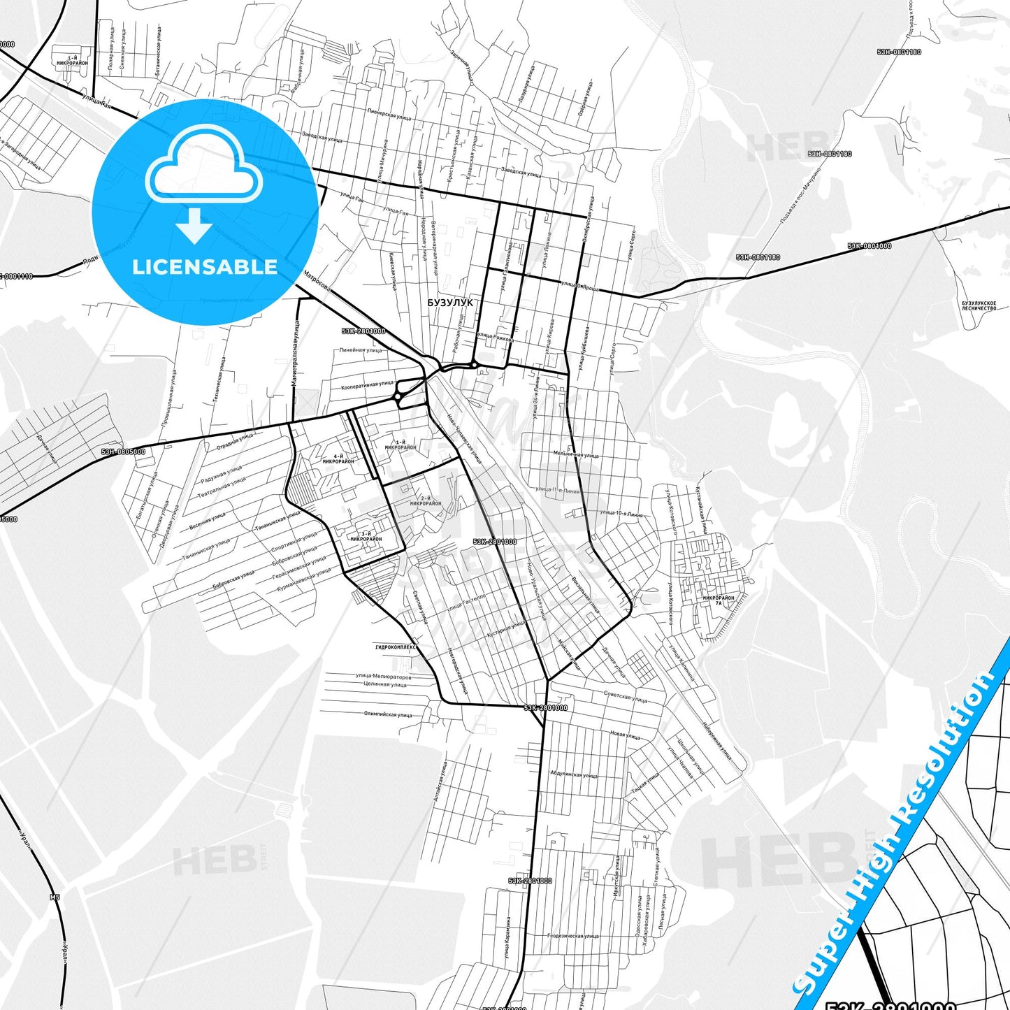 Buzuluk, Russia Light Map with Street Names, City Names, and Districts