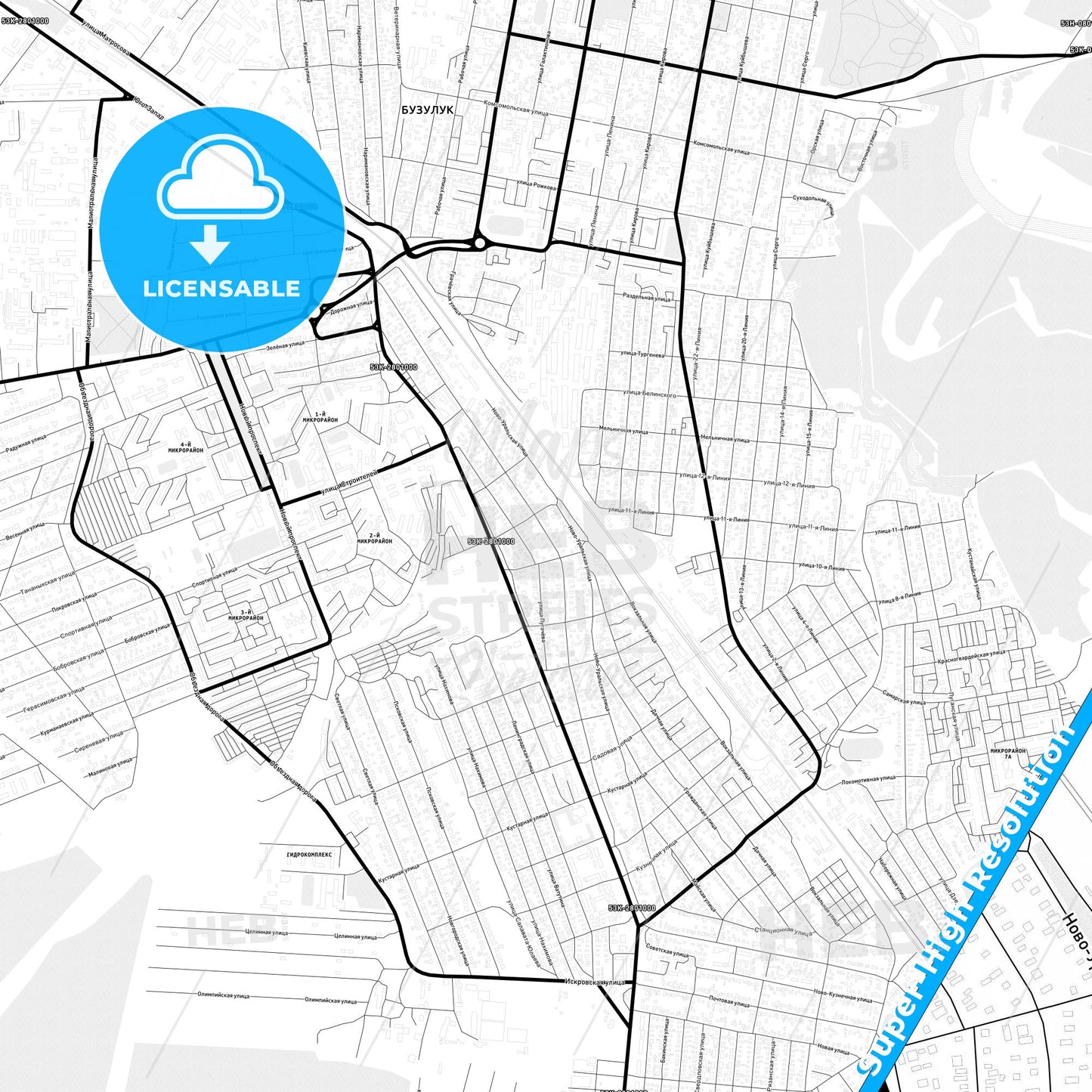 Buzuluk, Russia Light Map with Street Names, City Names, and Districts