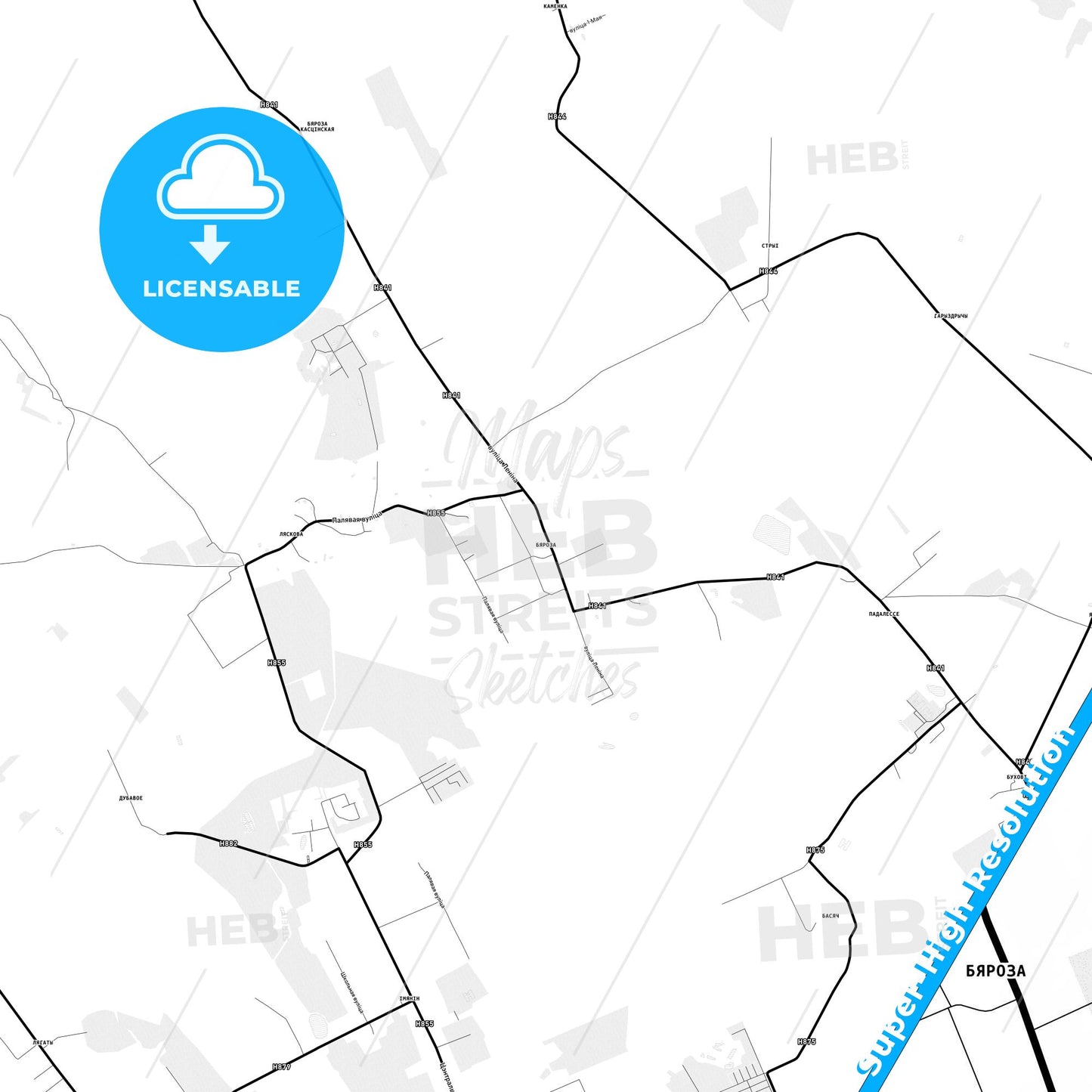 Byaroza, Belarus Light Map with Street Names, City Names, and Districts