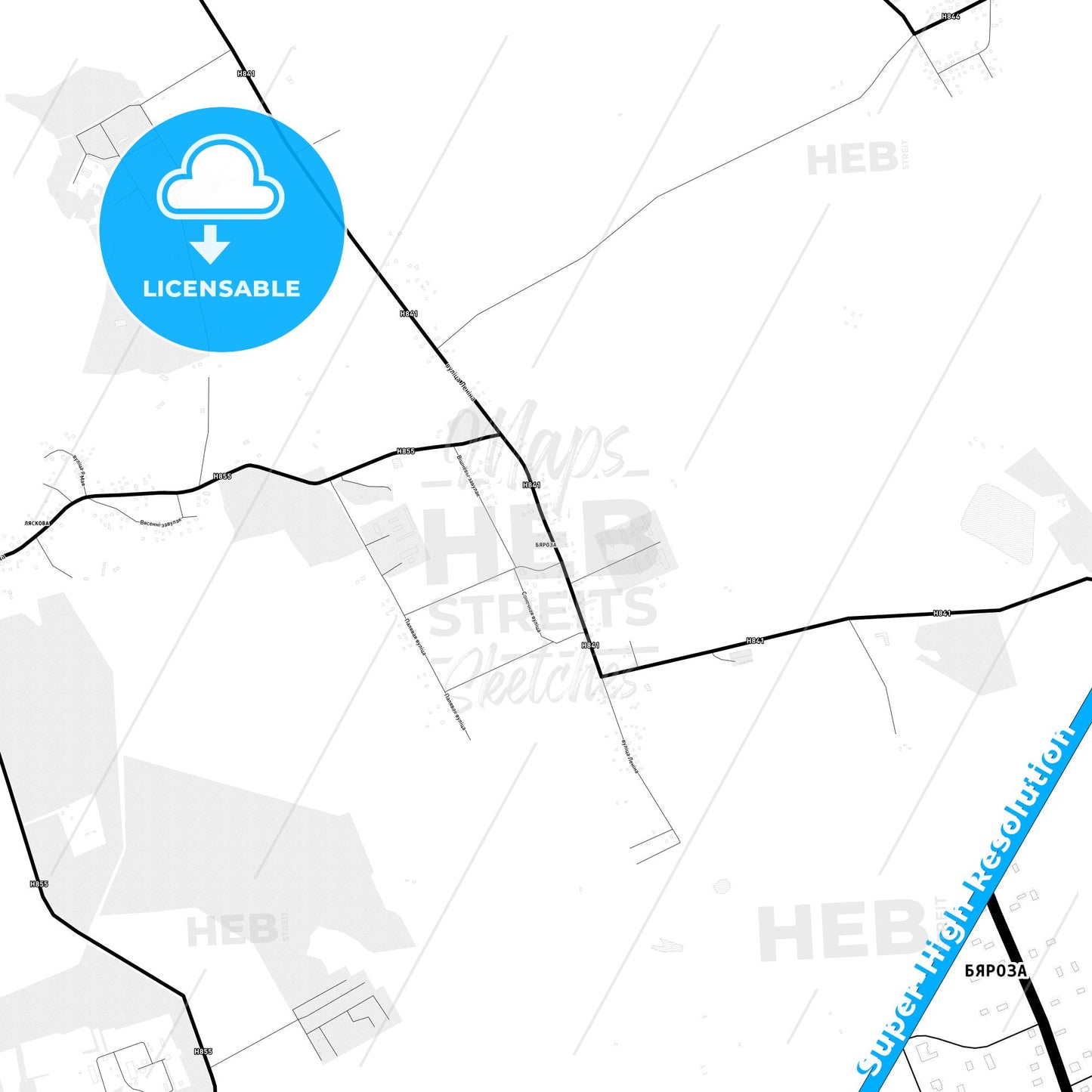 Byaroza, Belarus Light Map with Street Names, City Names, and Districts