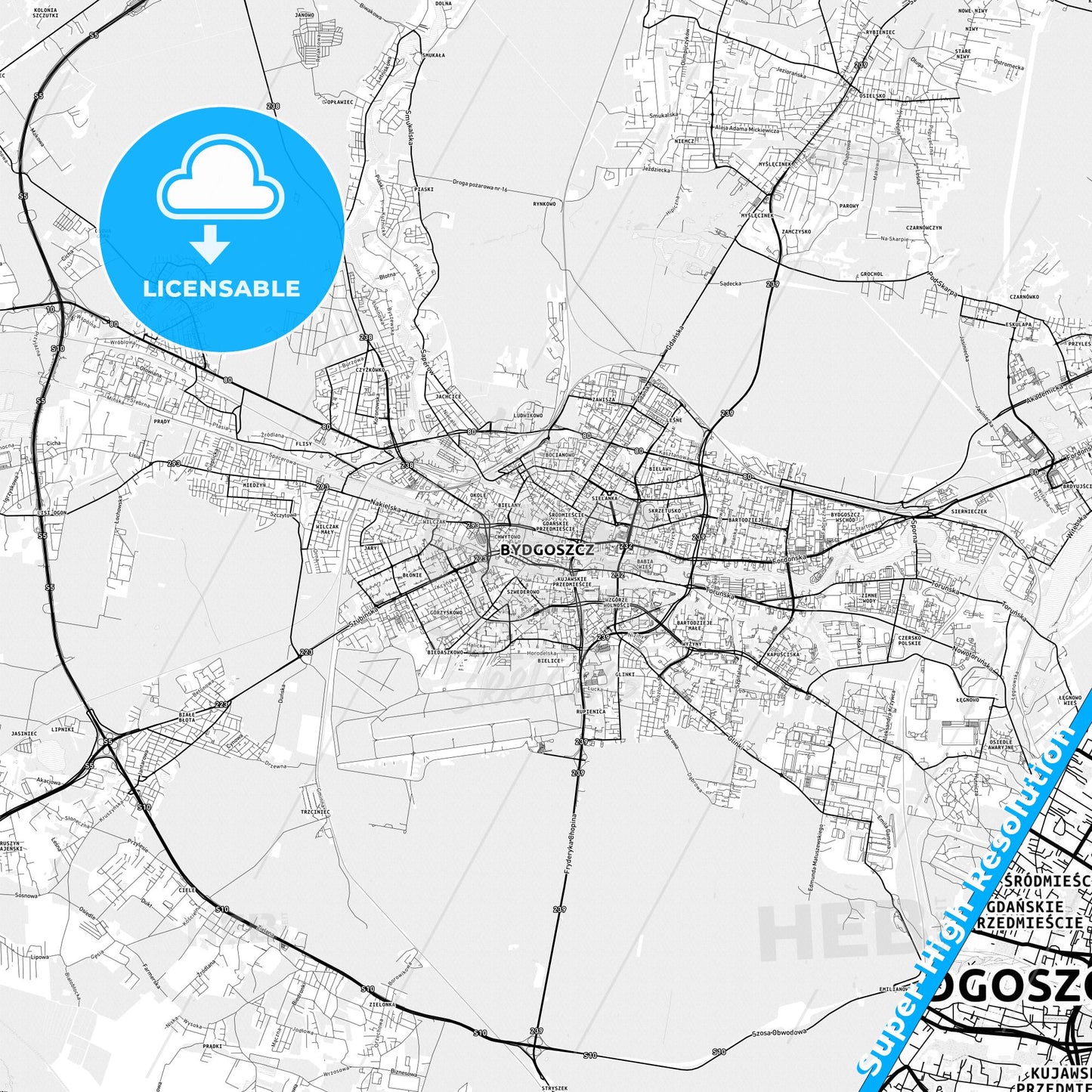 Bydgoszcz, Poland light map with streetnames, citynames and districts
