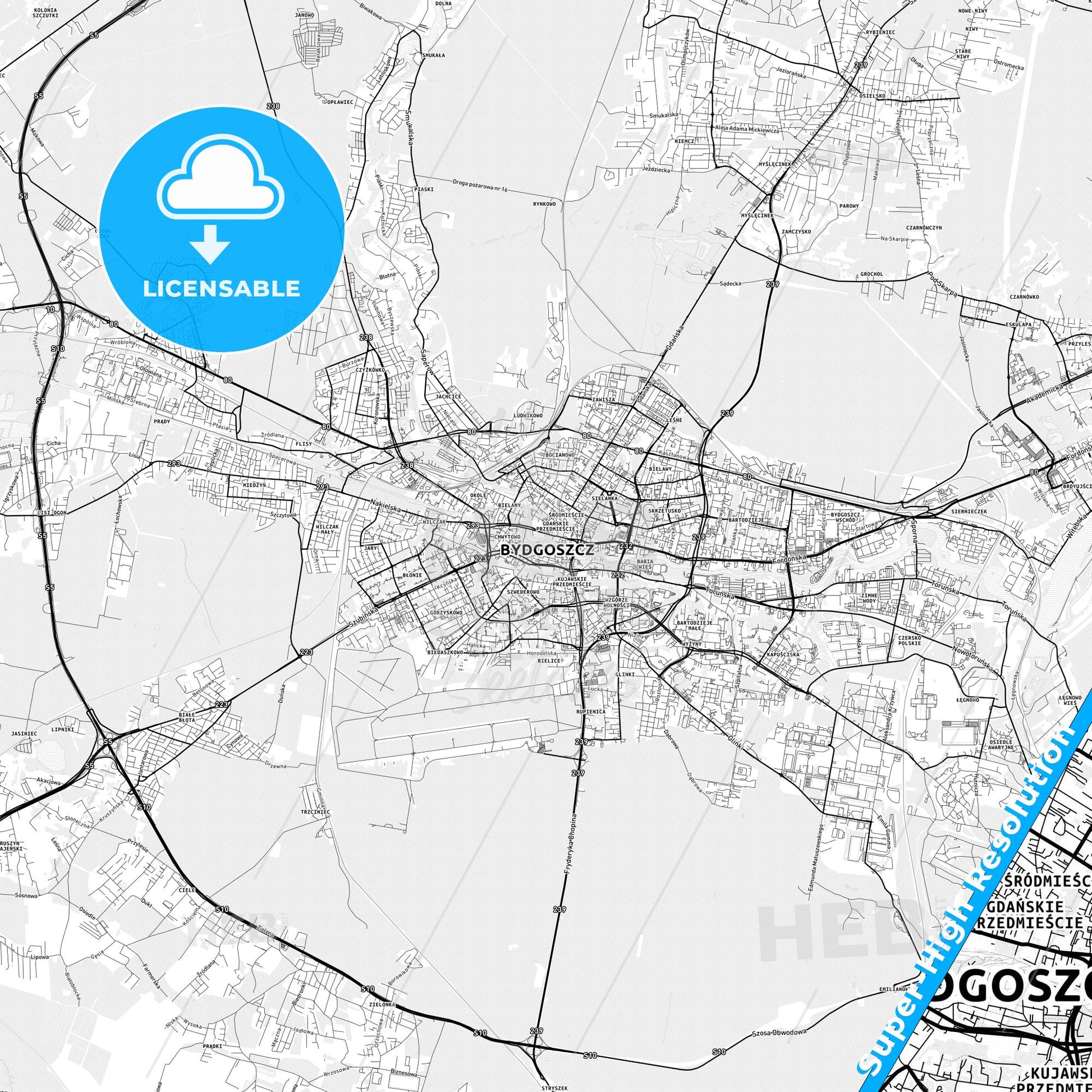 Bydgoszcz, Poland light map with streetnames, citynames and districts