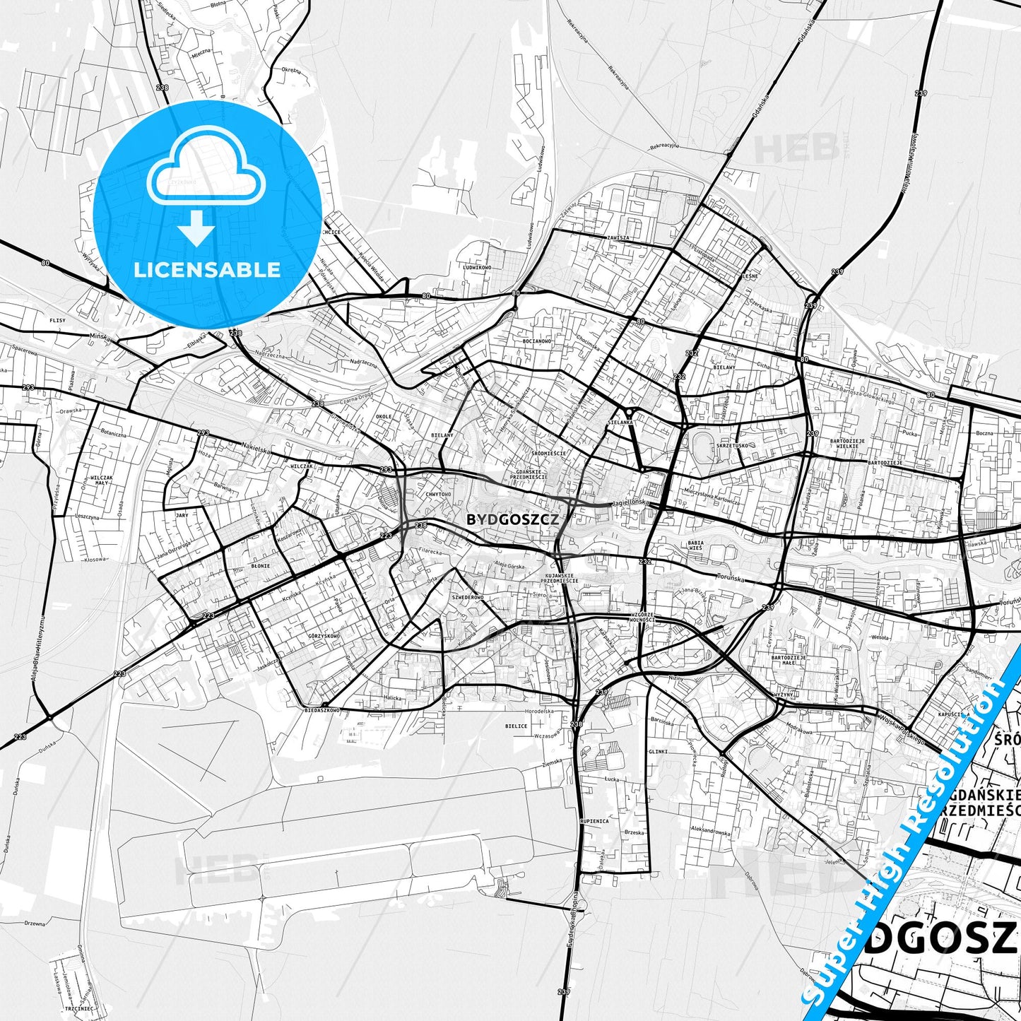 Bydgoszcz, Poland Light Map with Street Names, City Names, and Districts