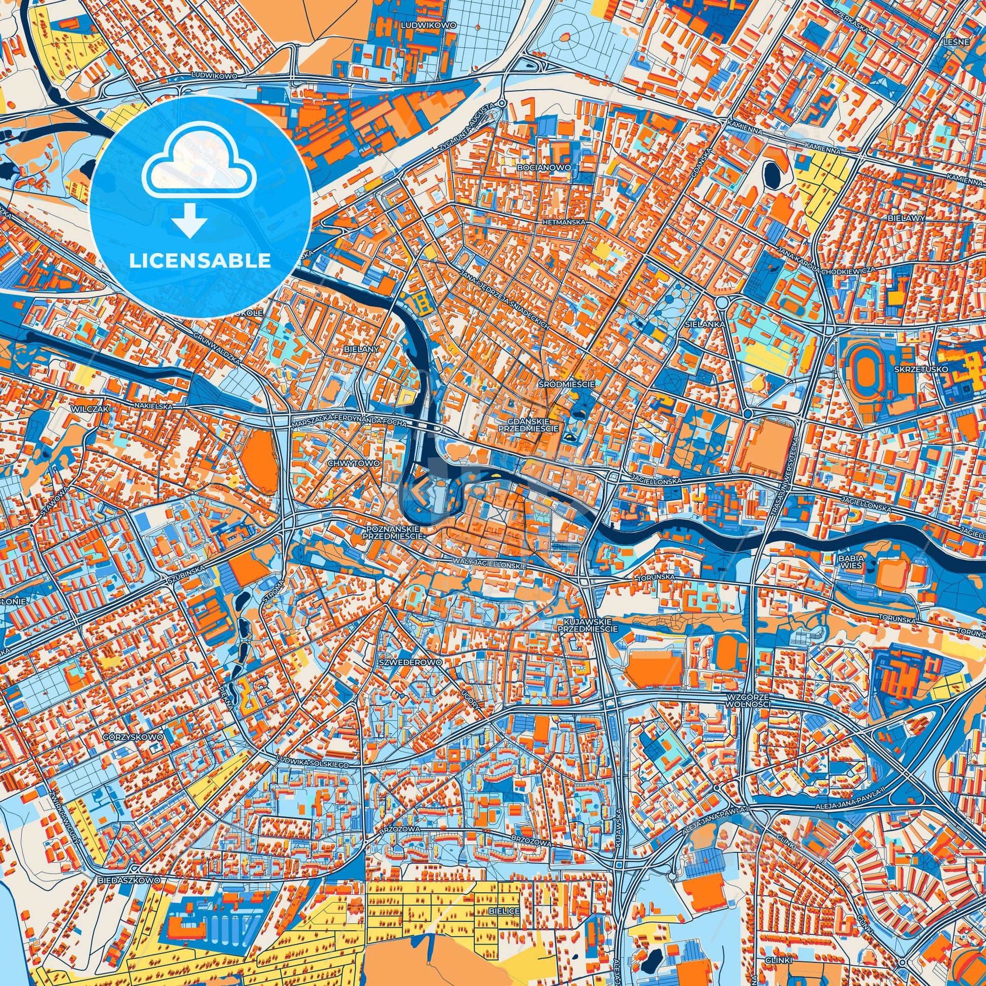 Colorful Bydgoszcz Street Map with Labels and Buildings