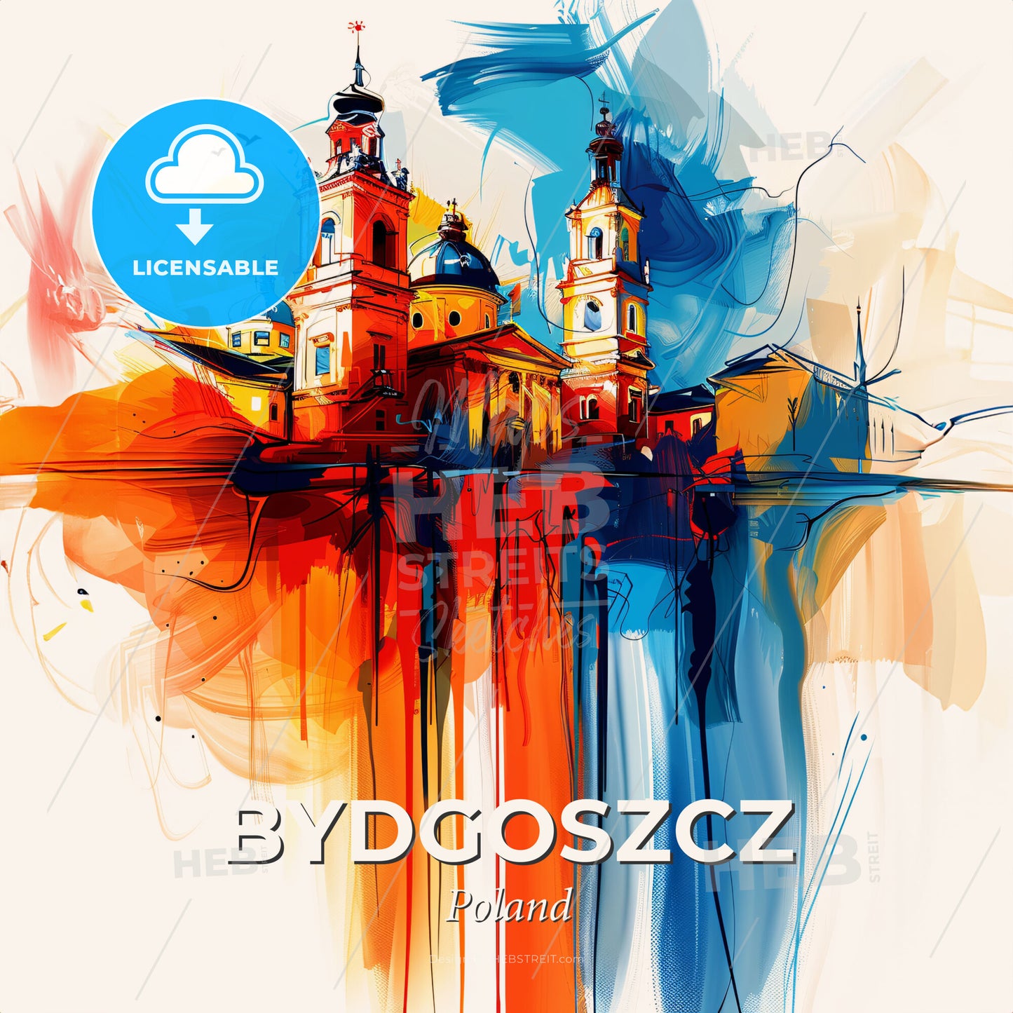Vibrant Bydgoszcz, Poland - A Painting Of A Building With Towers And A Colorful Background - Square format print template