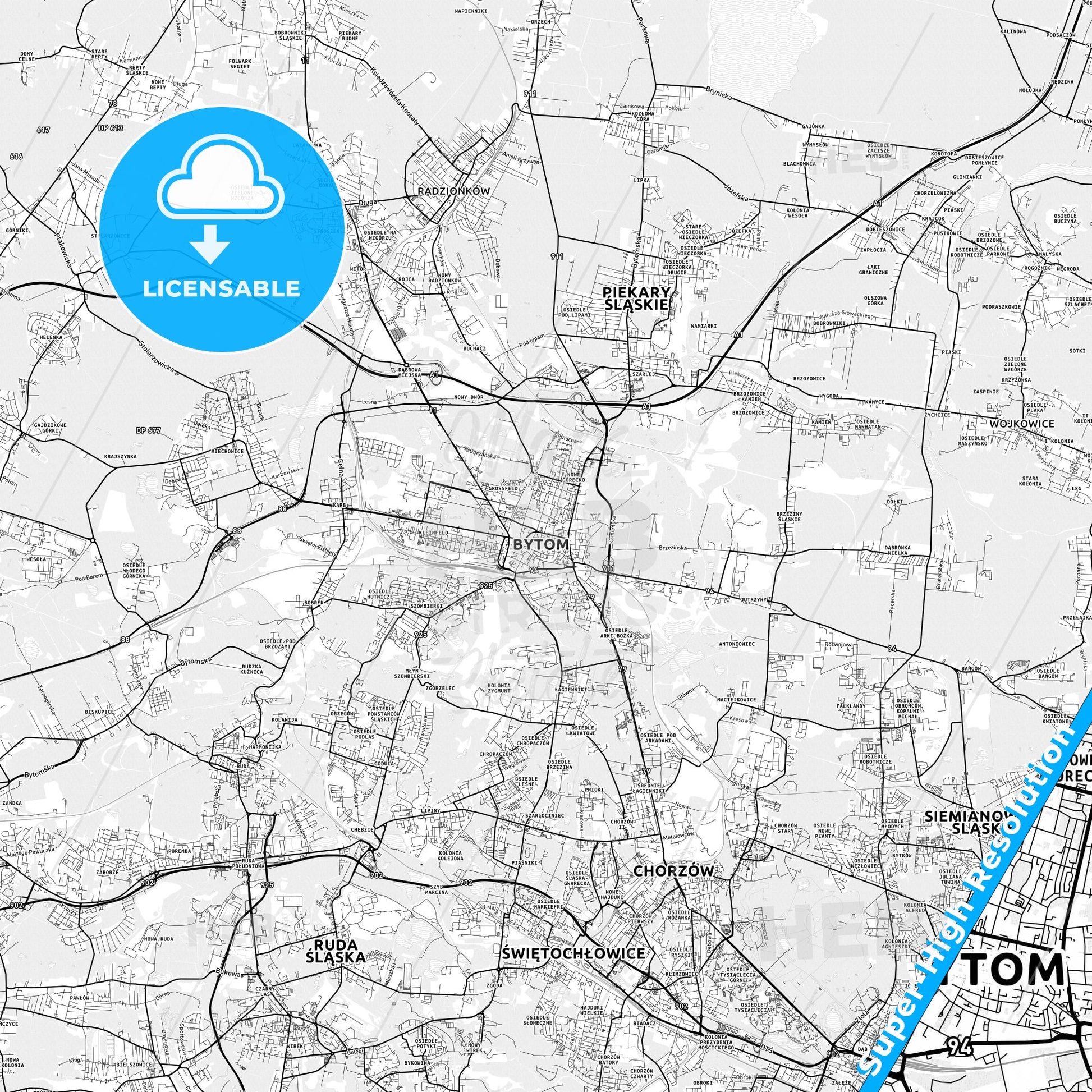 Bytom, Poland light map with streetnames, citynames and districts