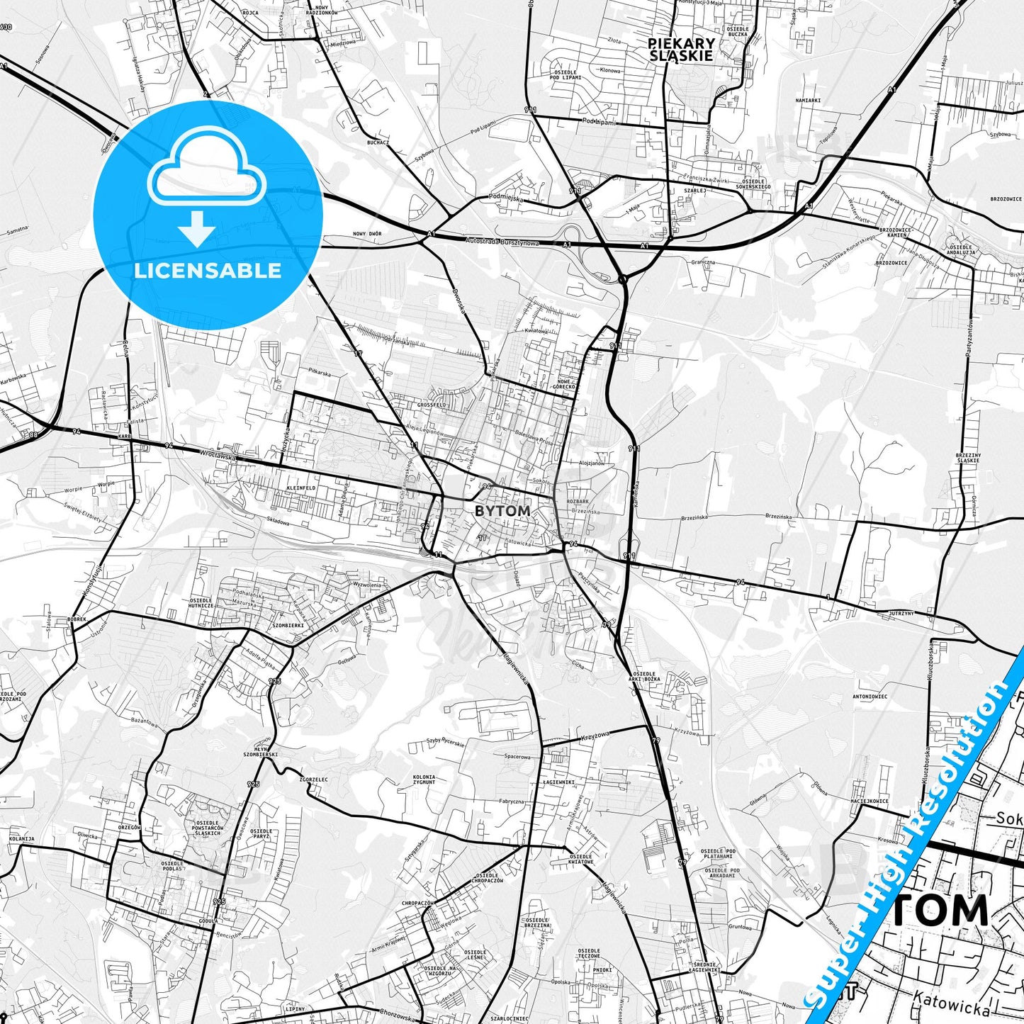 Bytom, Poland Light Map with Street Names, City Names, and Districts