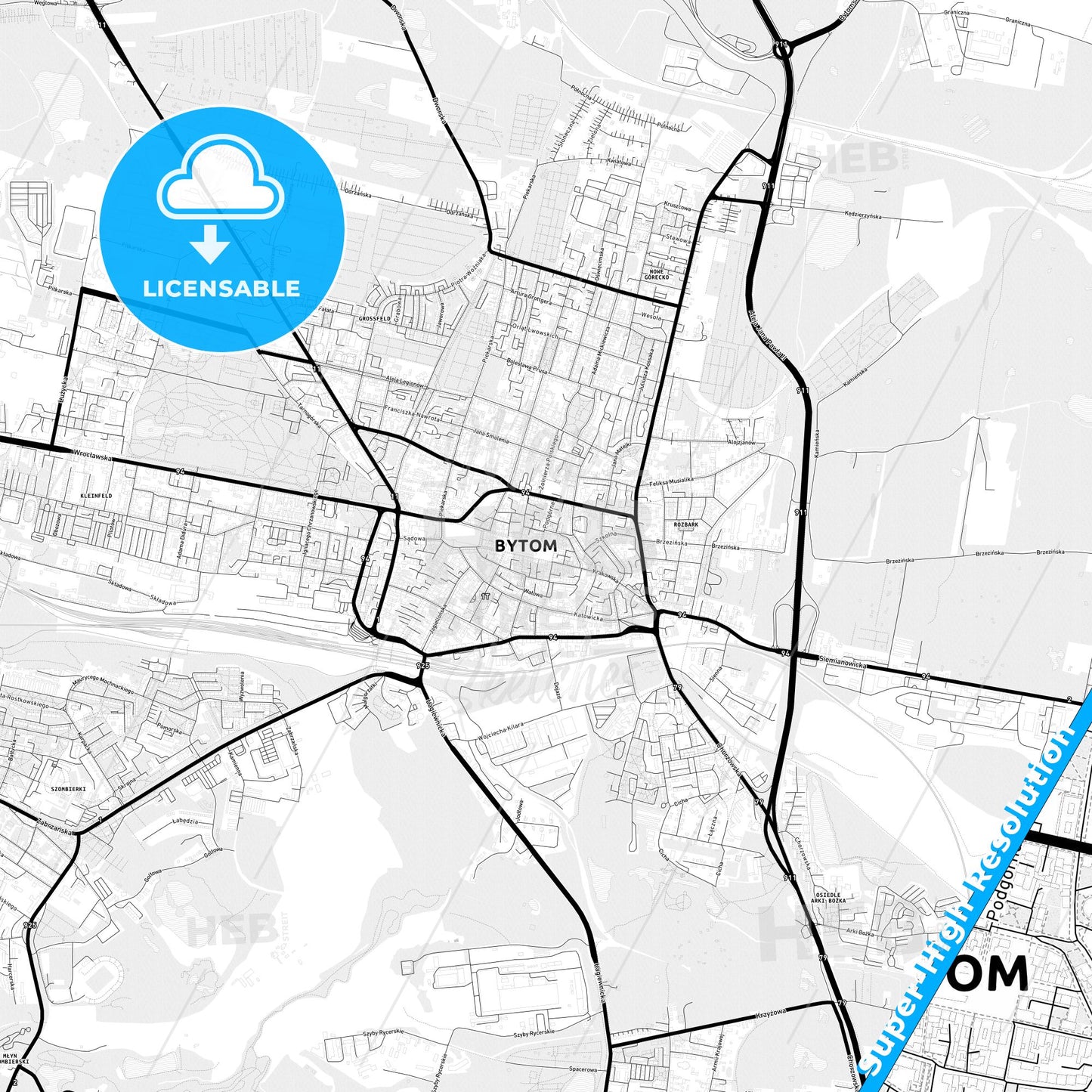 Bytom, Poland Light Map with Street Names, City Names, and Districts