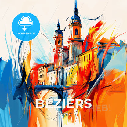 Vibrant Béziers, France - A Painting Of A Building With A Bridge And Birds - Square format print template